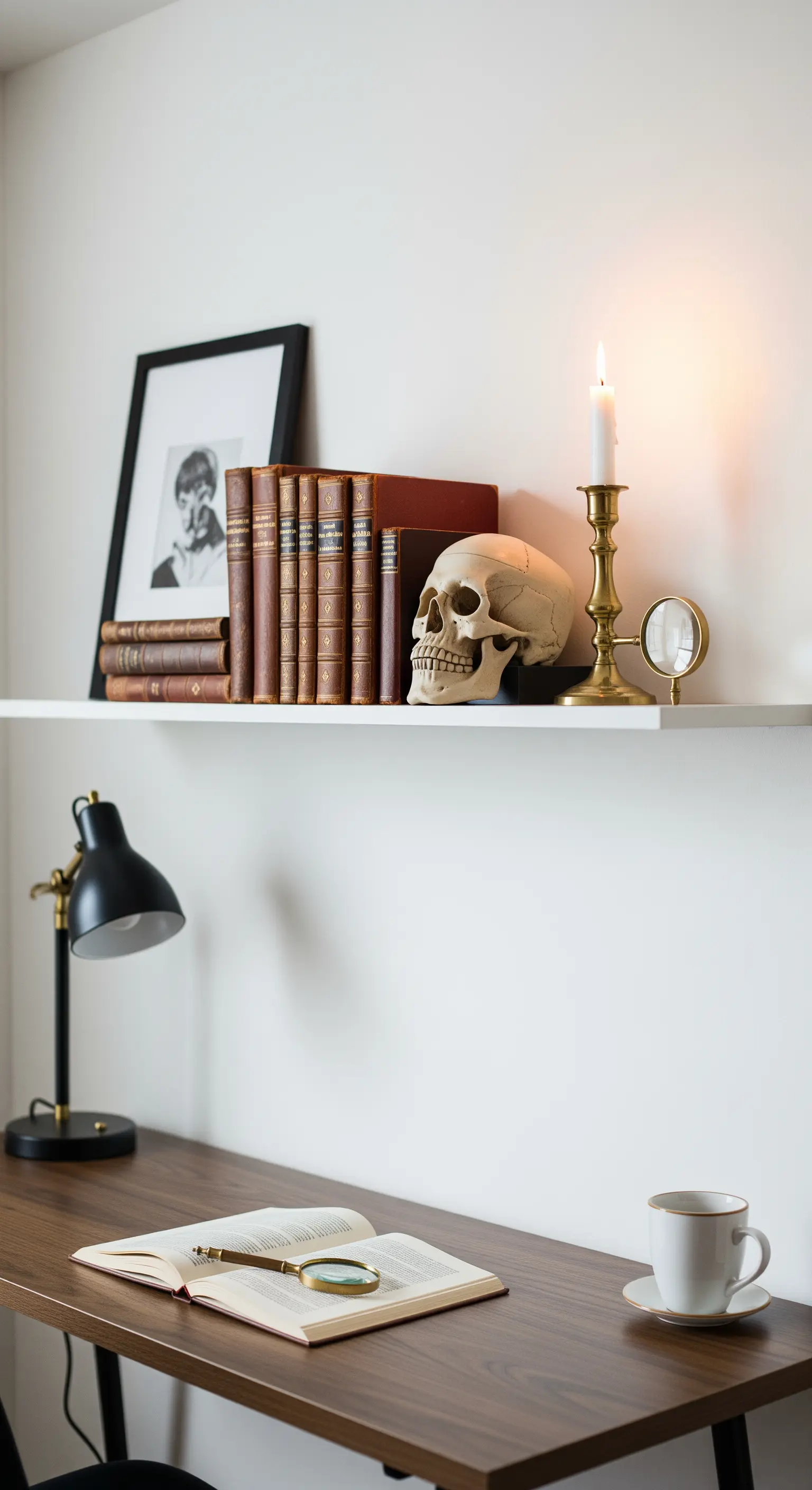 Dark-Academia-Regal-Deko über einem Schreibtisch mit Schädel und Kerzenlicht.