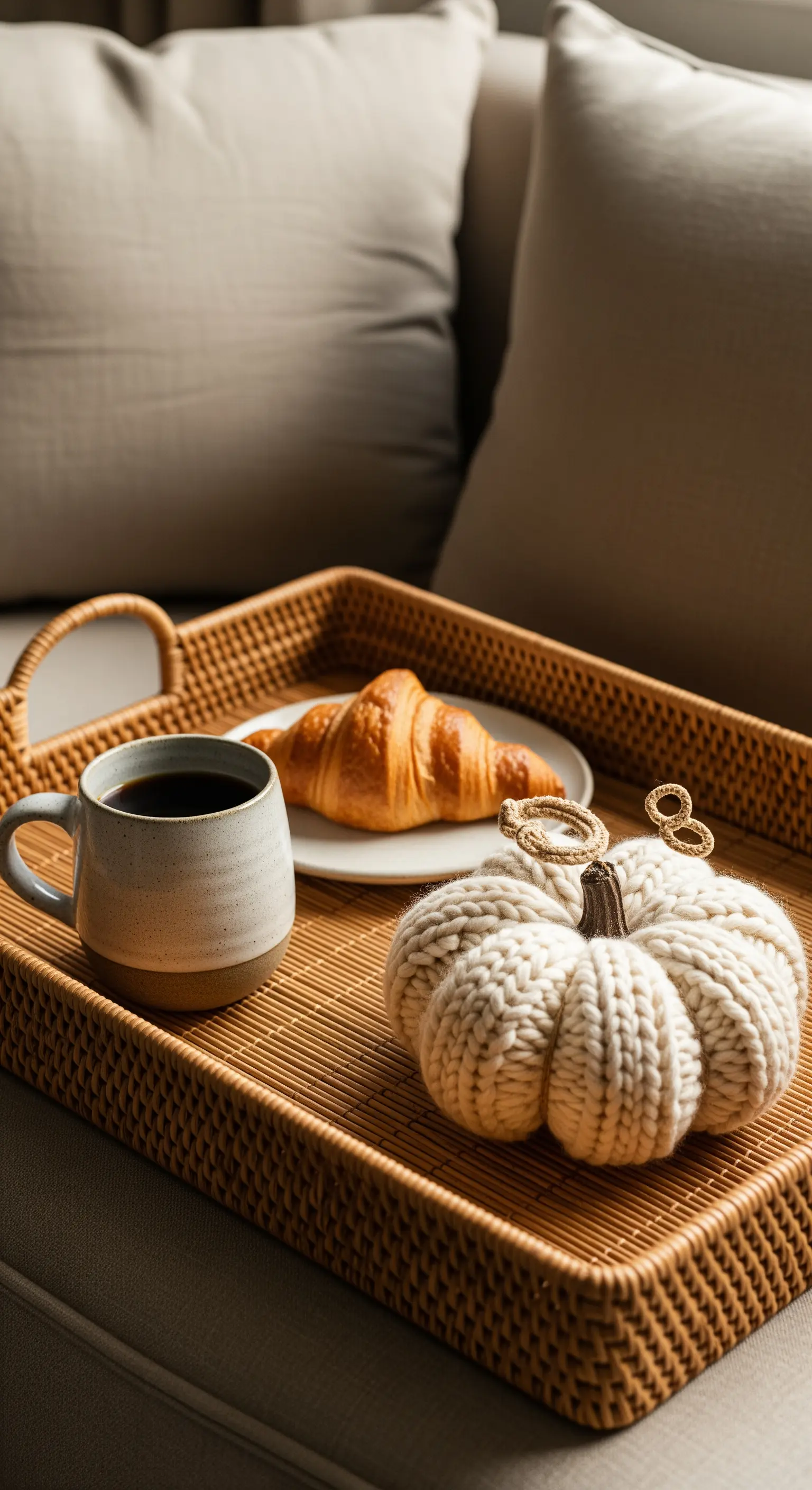 Frühstückstablett mit Kaffee, Croissant und einem kleinen gestrickten Kürbis.