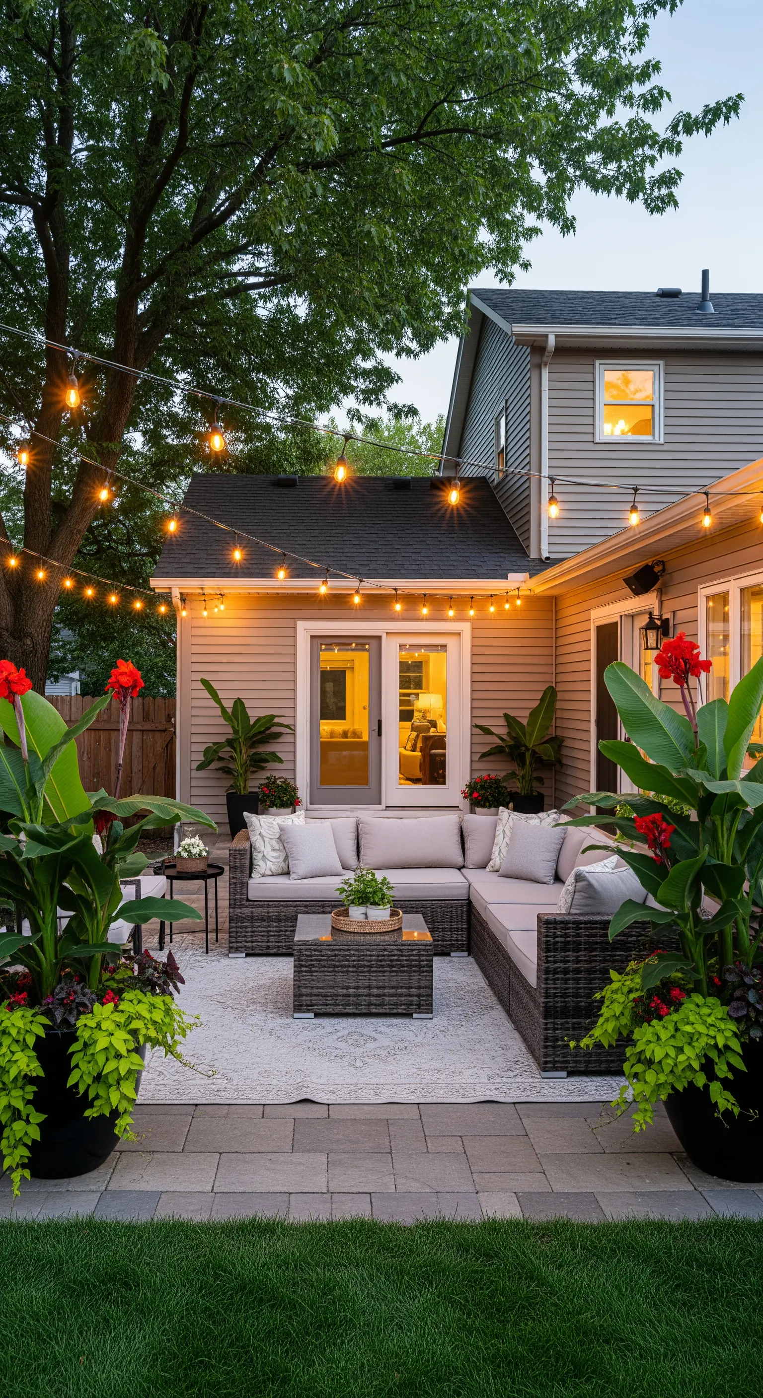 Eine gemütliche Lounge-Gruppe auf einer Terrasse mit einem Teppich darunter und Lichterketten darüber.