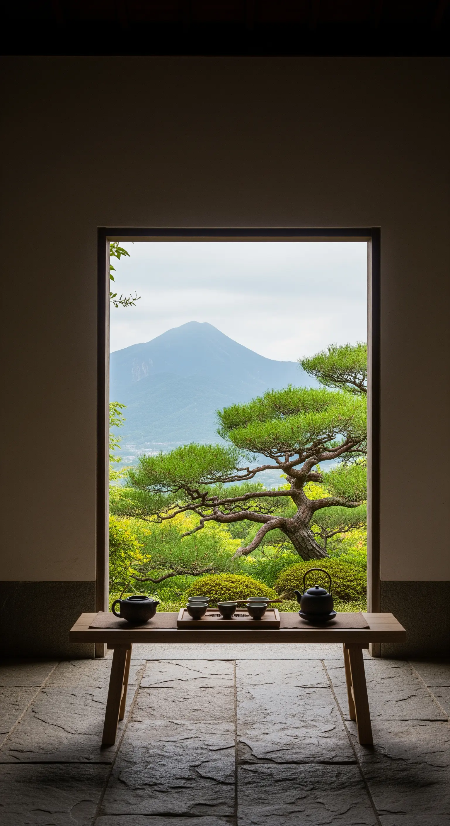 Teeecke vor einem Fenster, das den Blick auf einen Garten und einen Berg einrahmt