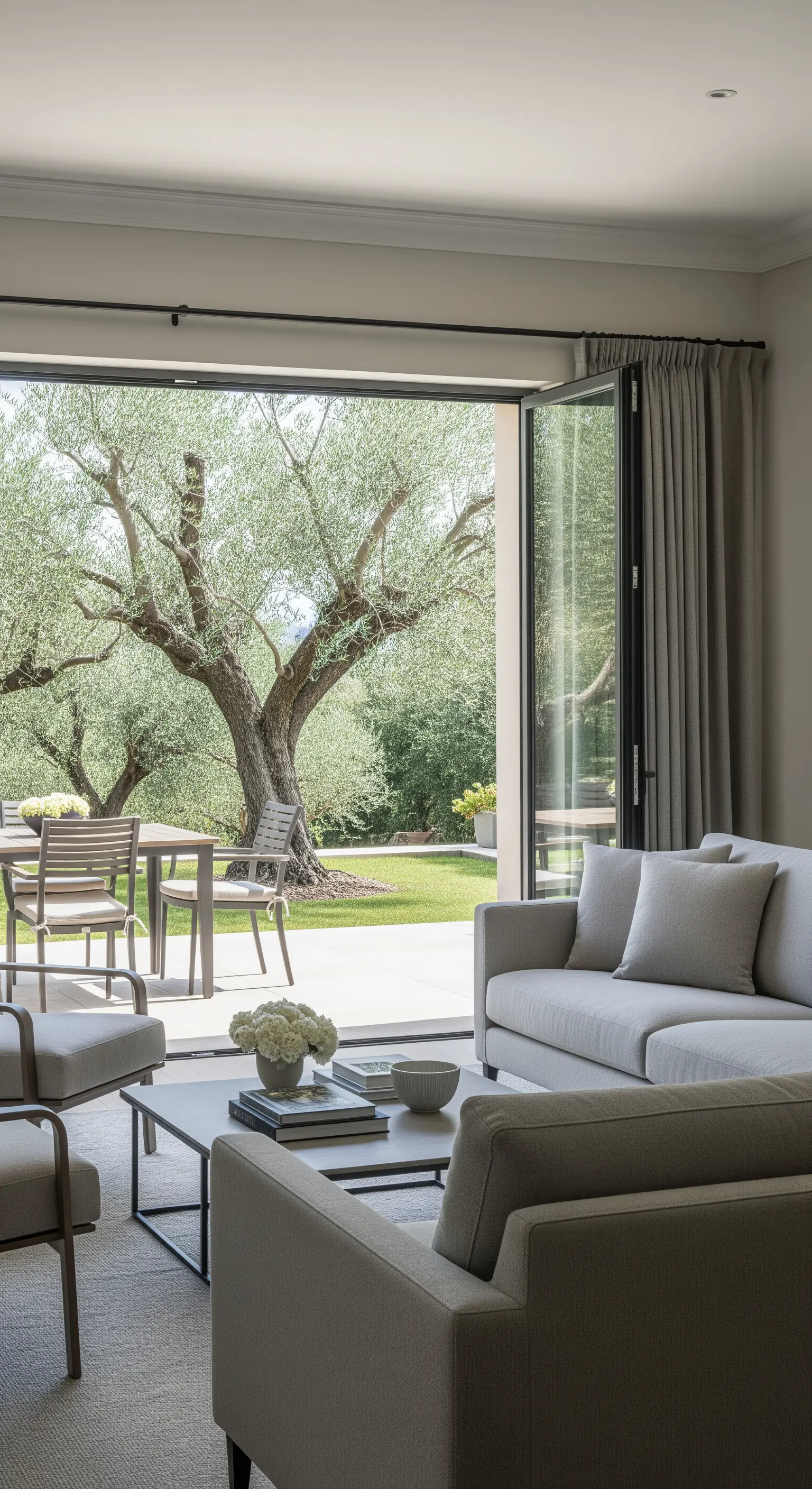 Wohnzimmer mit grauen Möbeln und einer großen offenen Terrassentür mit Blick auf einen Olivenbaum.