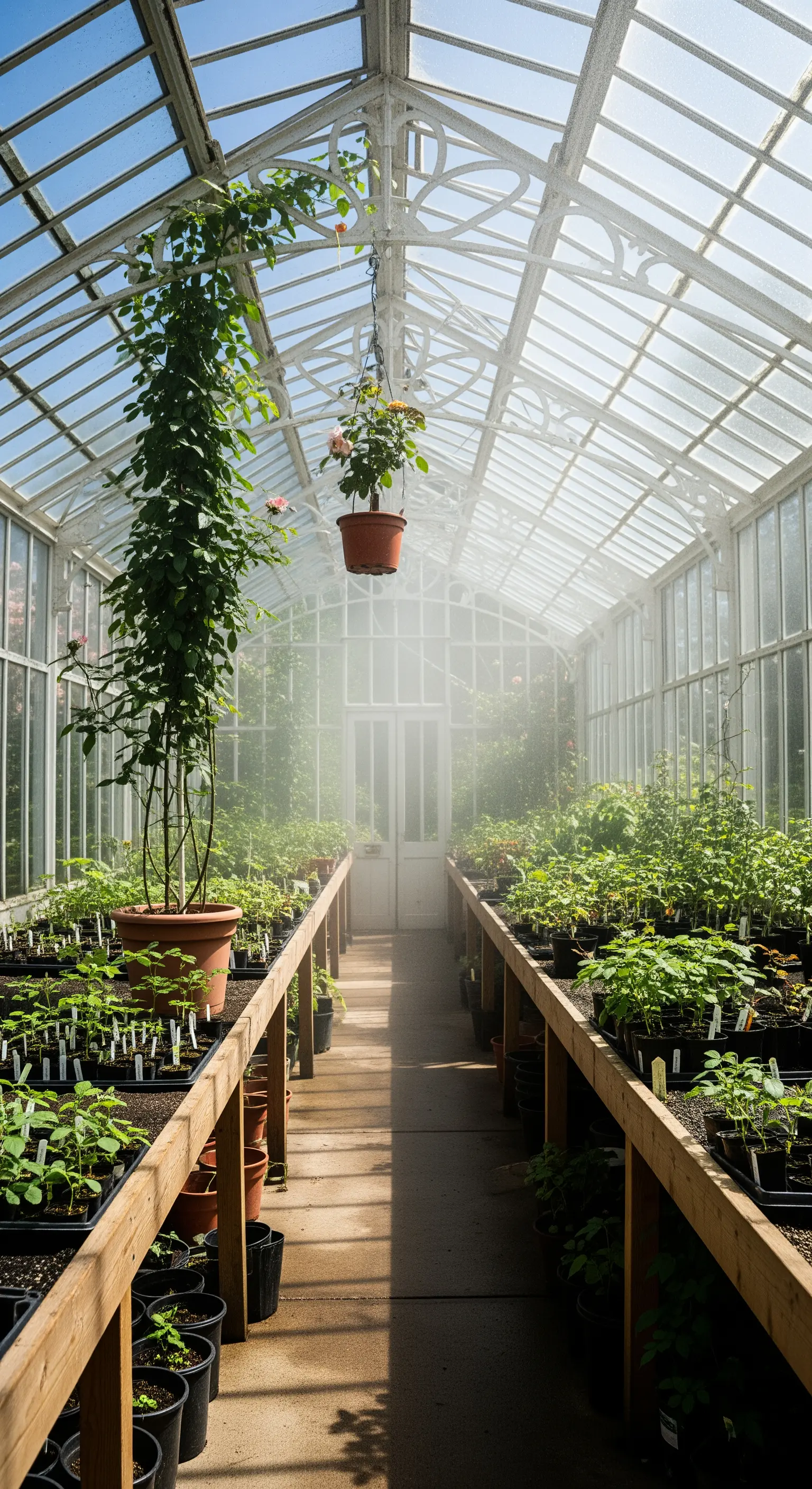 Lichtdurchflutetes Gewächshaus mit langen Pflanztischen und emporrankenden Rosen