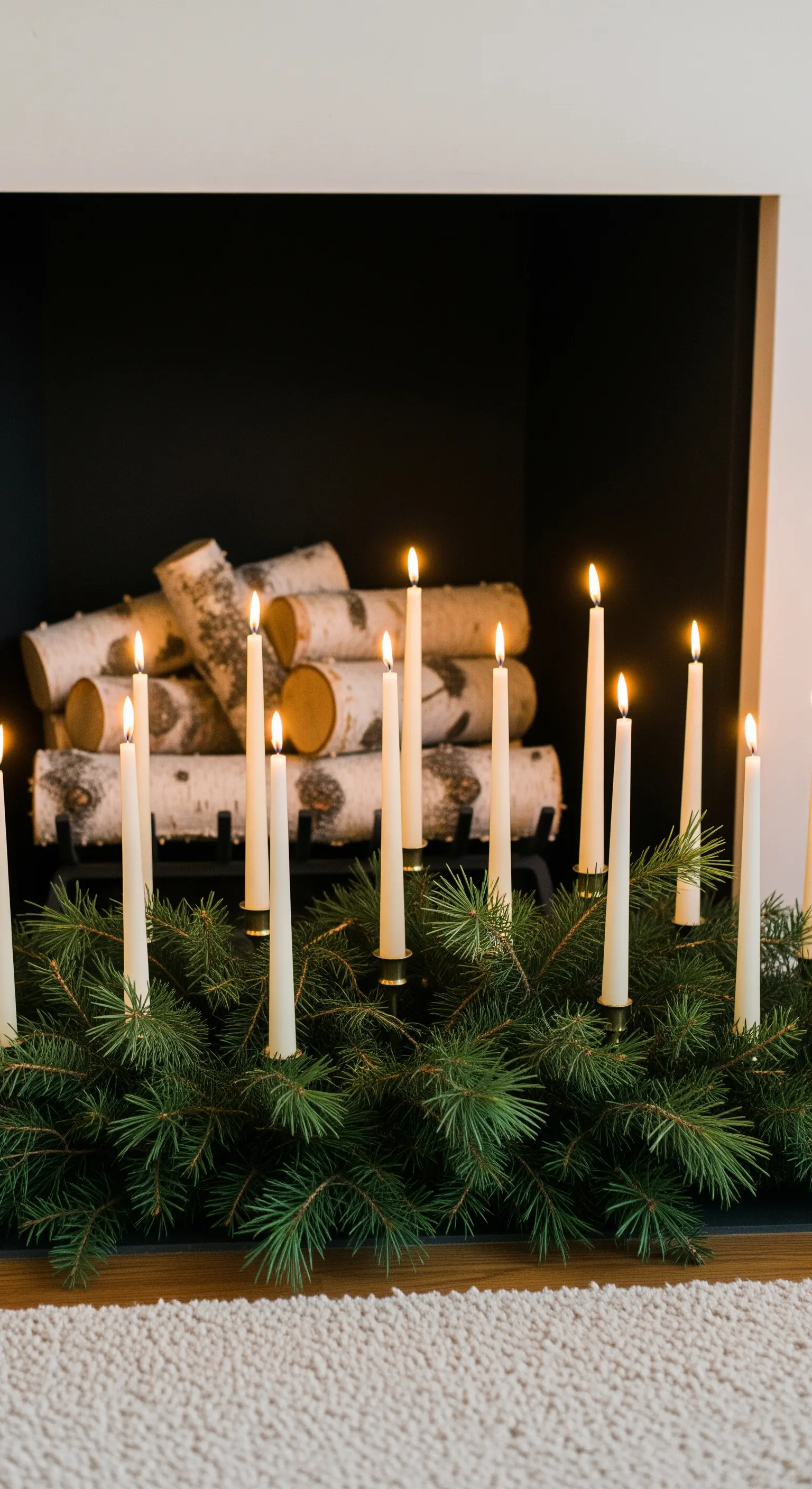 Kaminöffnung gefüllt mit Birkenstämmen, Tannengrün und vielen dünnen Stabkerzen.