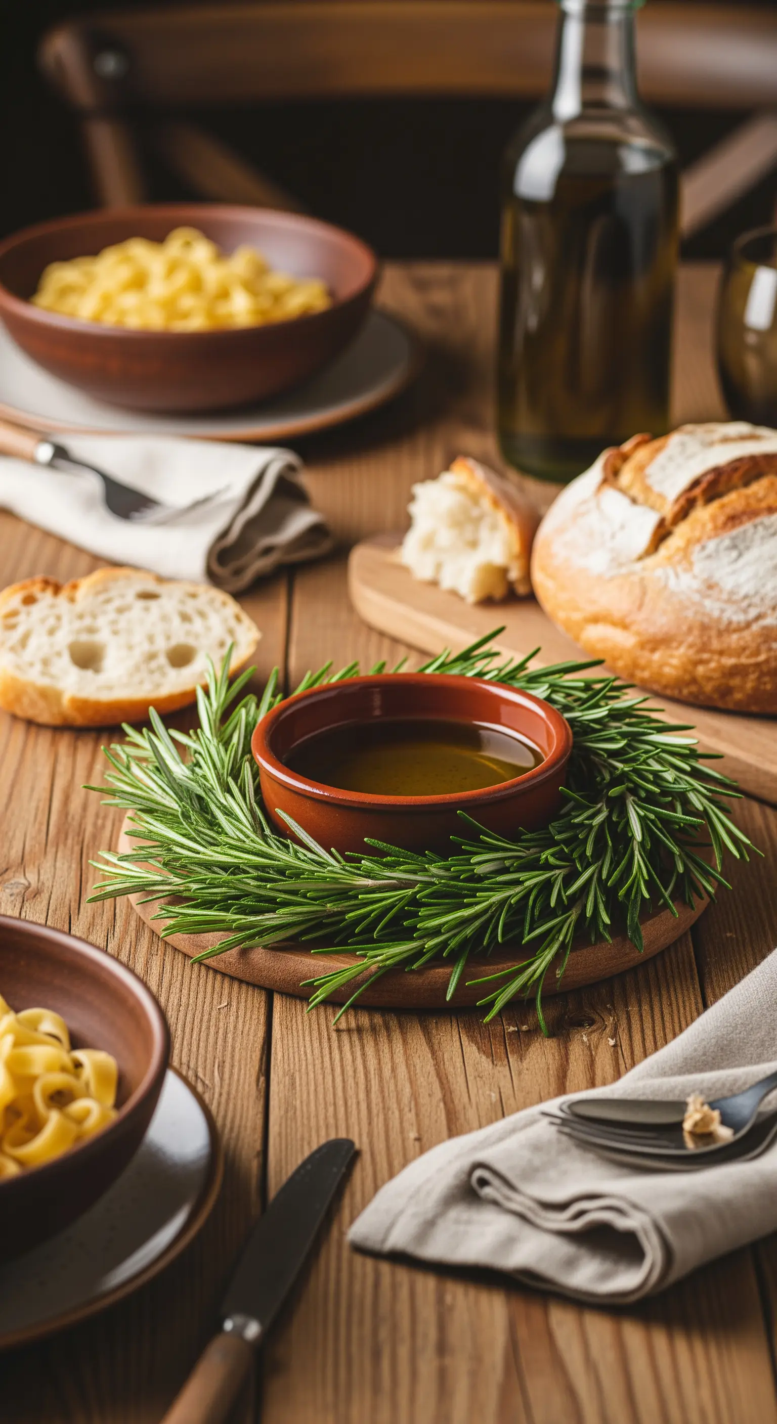 Eine Schale Olivenöl, umrahmt von einem selbstgemachten Kranz aus frischem Rosmarin.