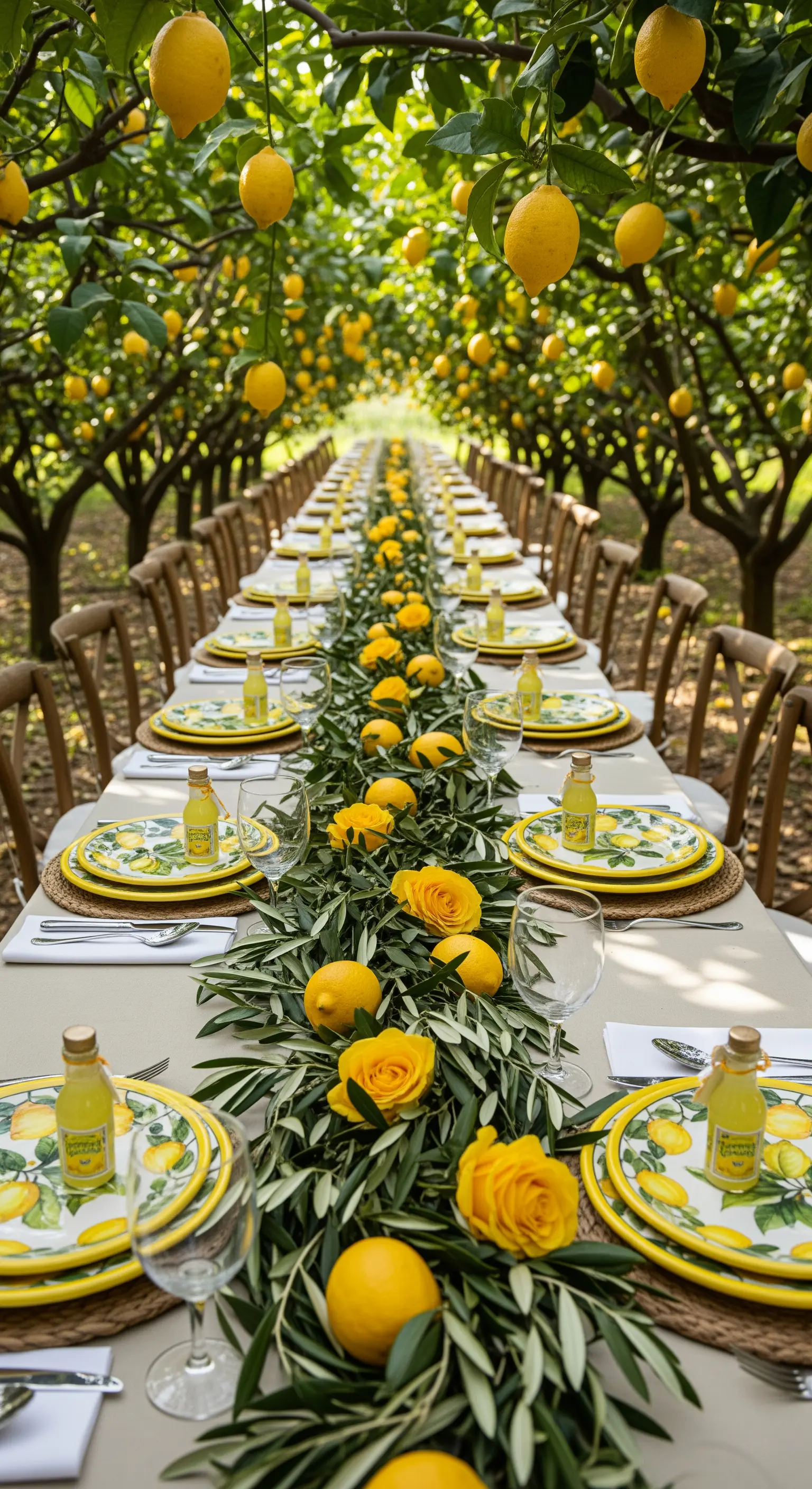 Lange Tafel in einem Zitronenhain, dekoriert mit gelben Rosen und frischen Zitronen