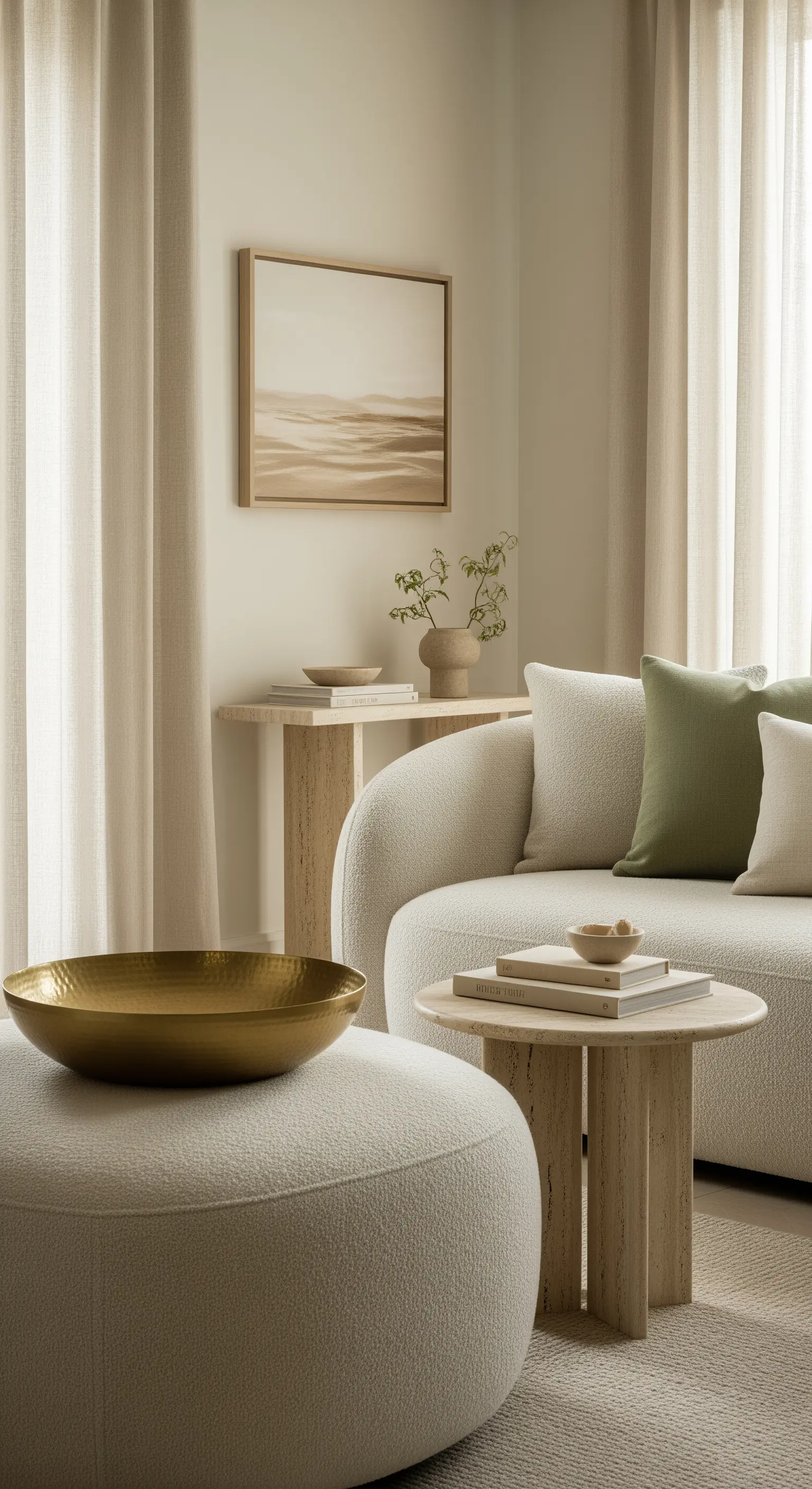 Helles, texturiertes Wohnzimmer mit einer großen, gehämmerten Goldschale auf einem Bouclé-Hocker.