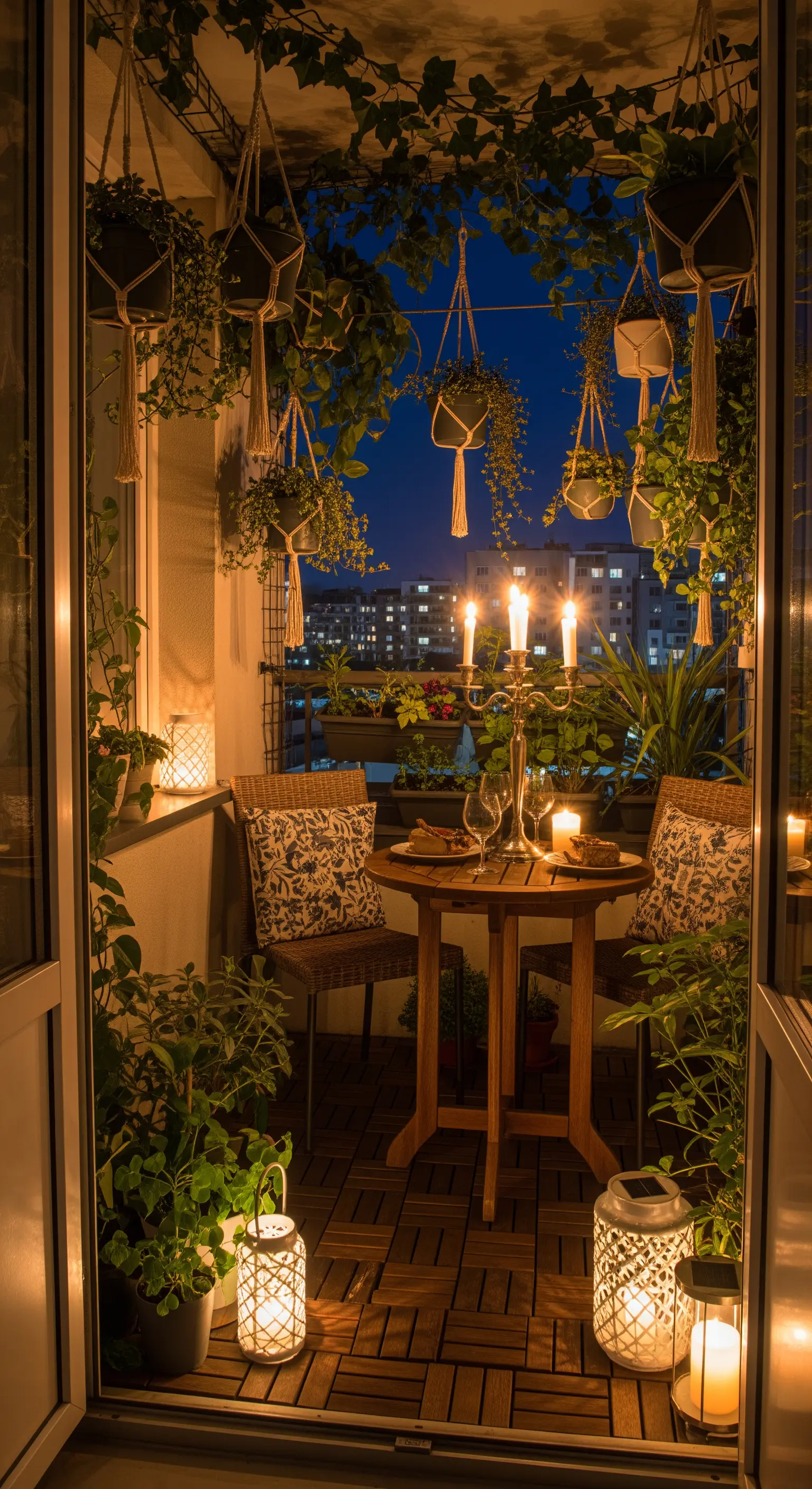Kleiner, grüner Balkon mit Esstisch, Kerzenleuchter und vielen Hängepflanzen
