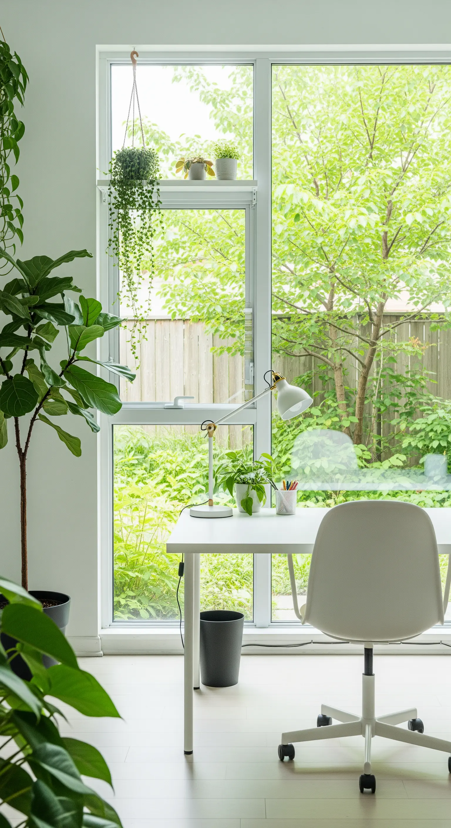 Weißer Schreibtisch vor einem großen Fenster mit Blick in einen grünen Garten.