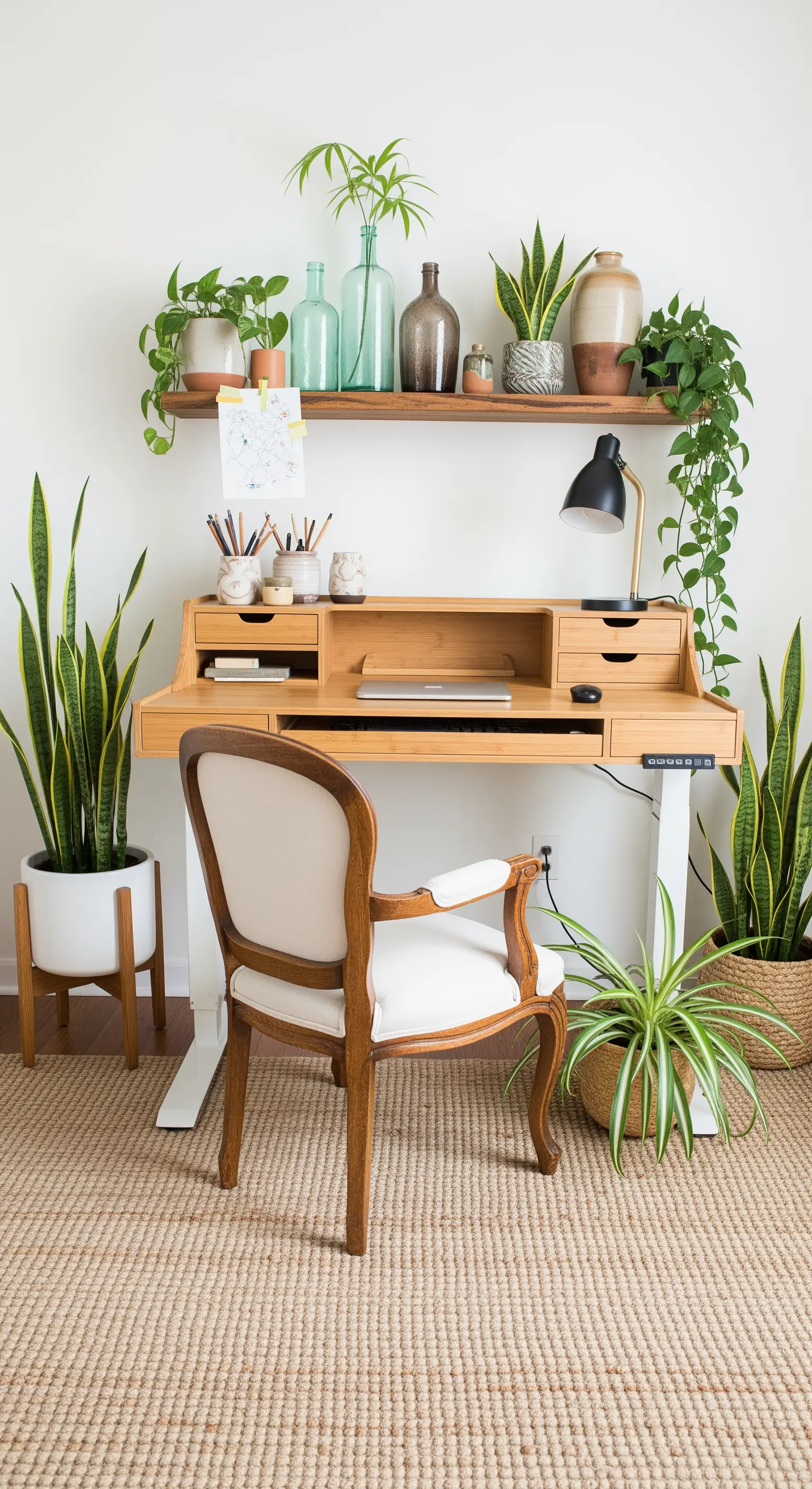 Homeoffice mit einem Sekretär-Schreibtisch, der von zahlreichen Zimmerpflanzen umgeben ist.