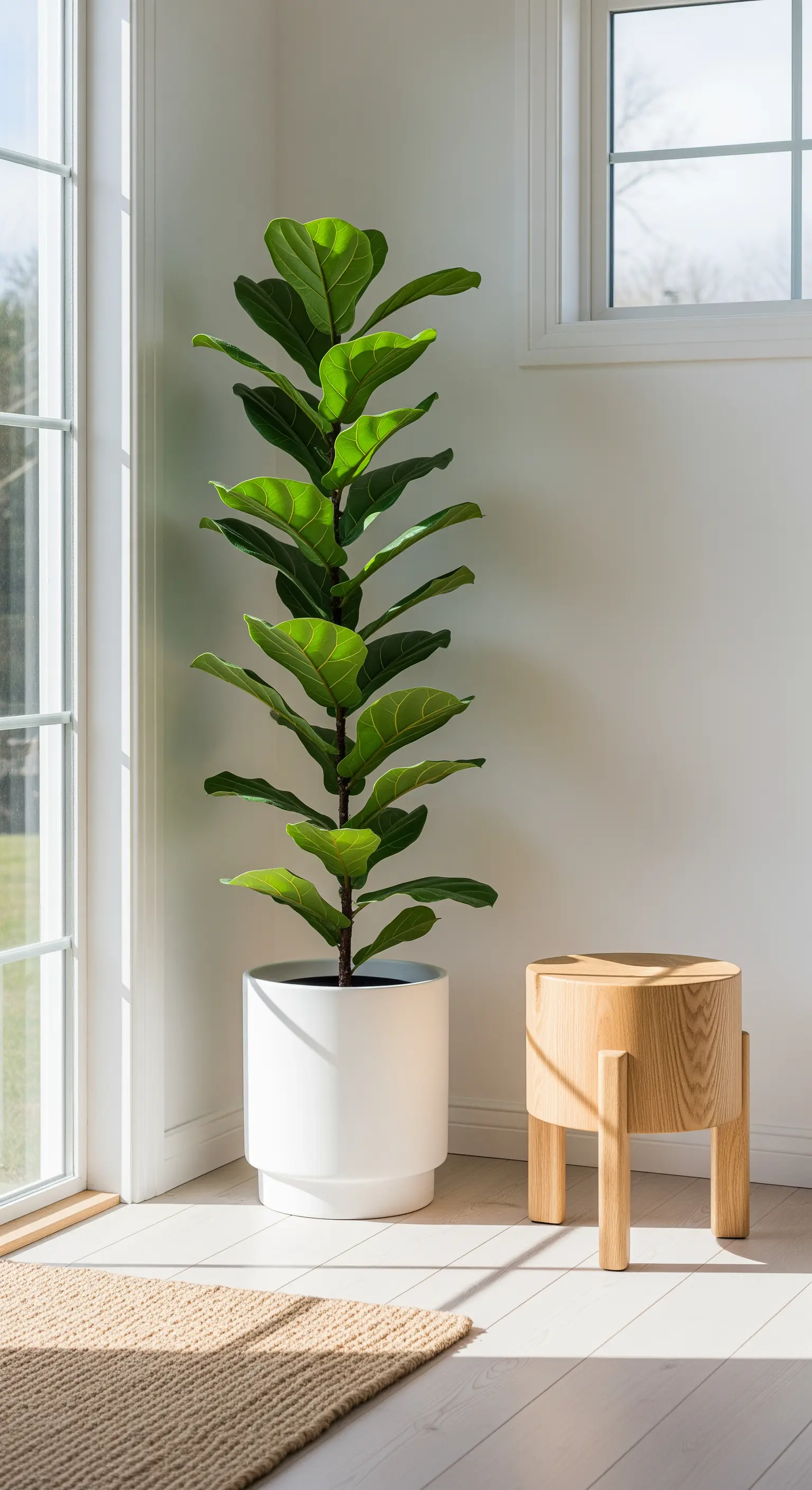 Große Geigenfeige in einem weißen Topf neben einem minimalistischen Holzhocker in einer hellen Ecke.