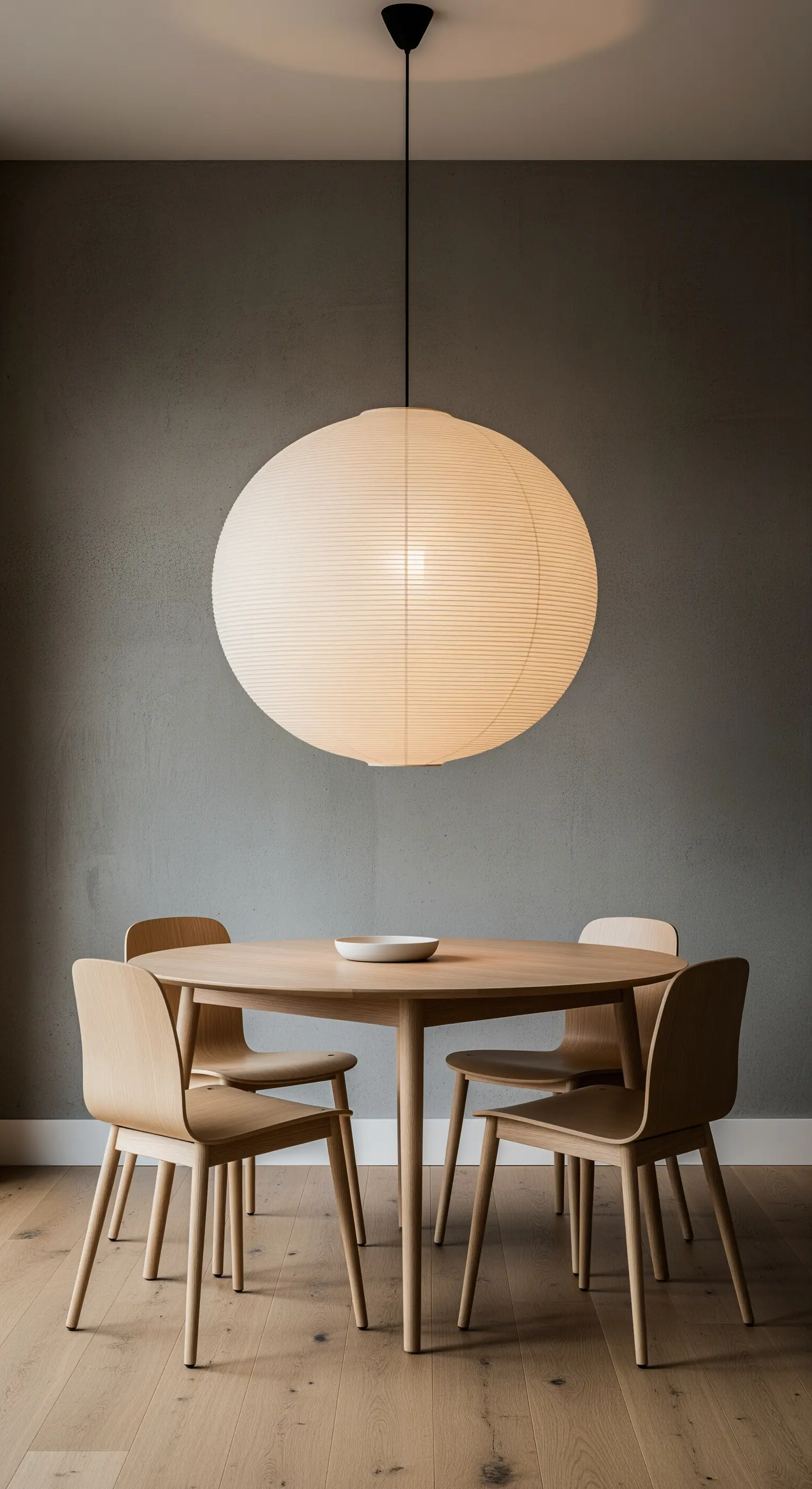 Große runde Papier-Pendelleuchte über einem runden Holzesstisch mit vier Stühlen.
