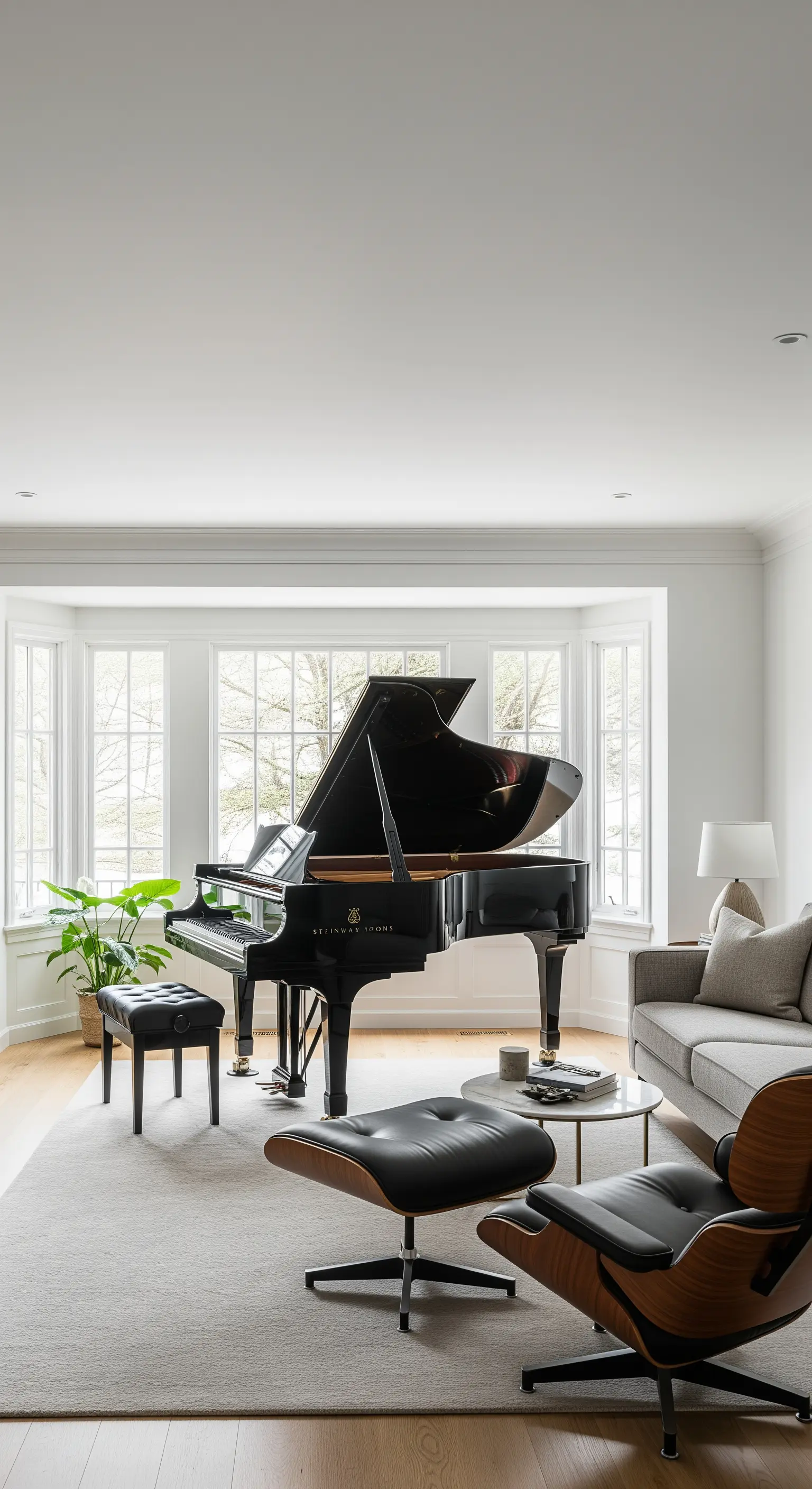 Helles Wohnzimmer mit einem schwarzen Flügel im Erkerfenster und einer dezenten grauen Sitzgruppe.