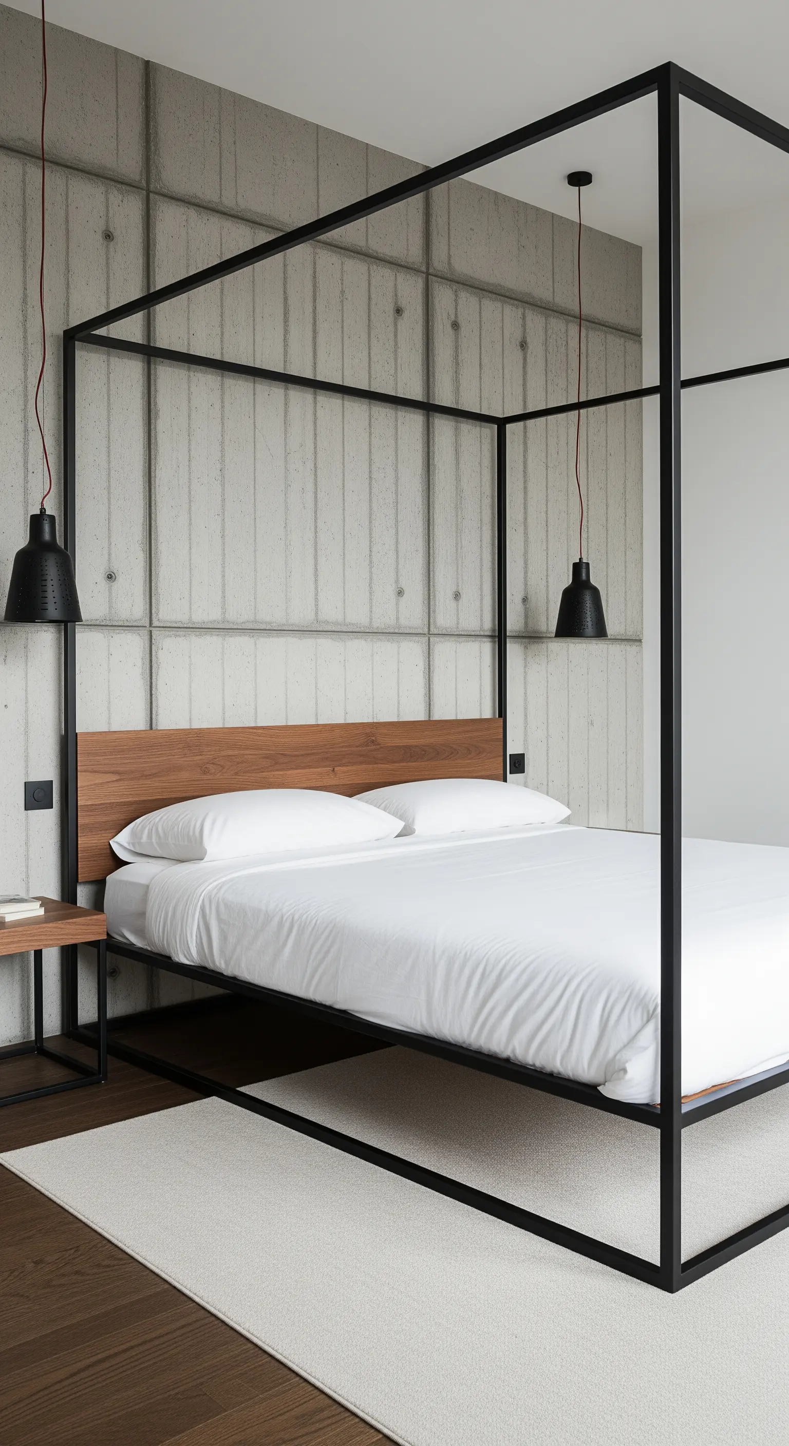 Schlafzimmer mit schwarzem Himmelbett und Holzkopfteil vor einer Betonwand.