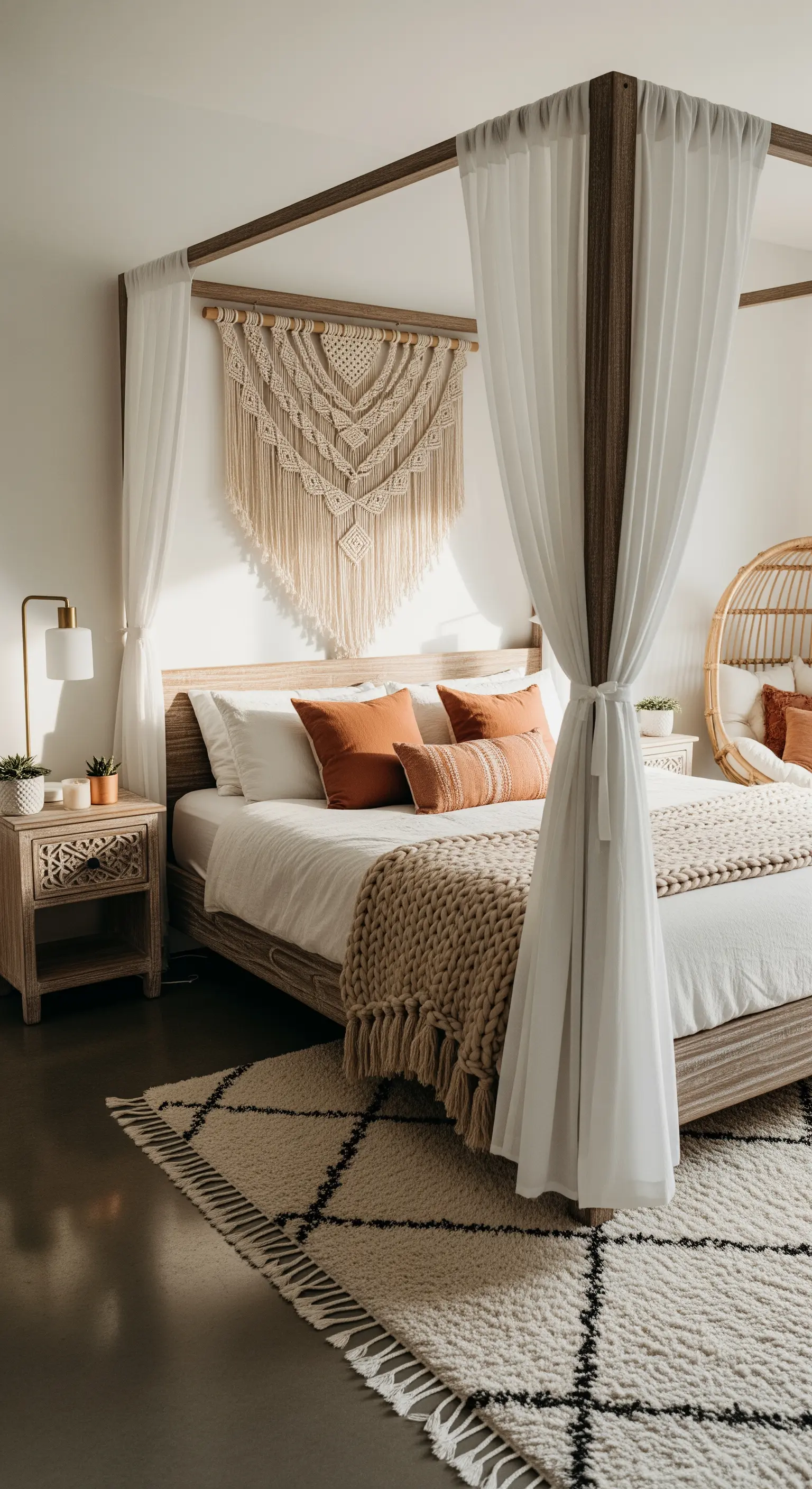 Helles Boho-Schlafzimmer mit Himmelbett, Makramee-Wandbehang und warmen Erdtönen.