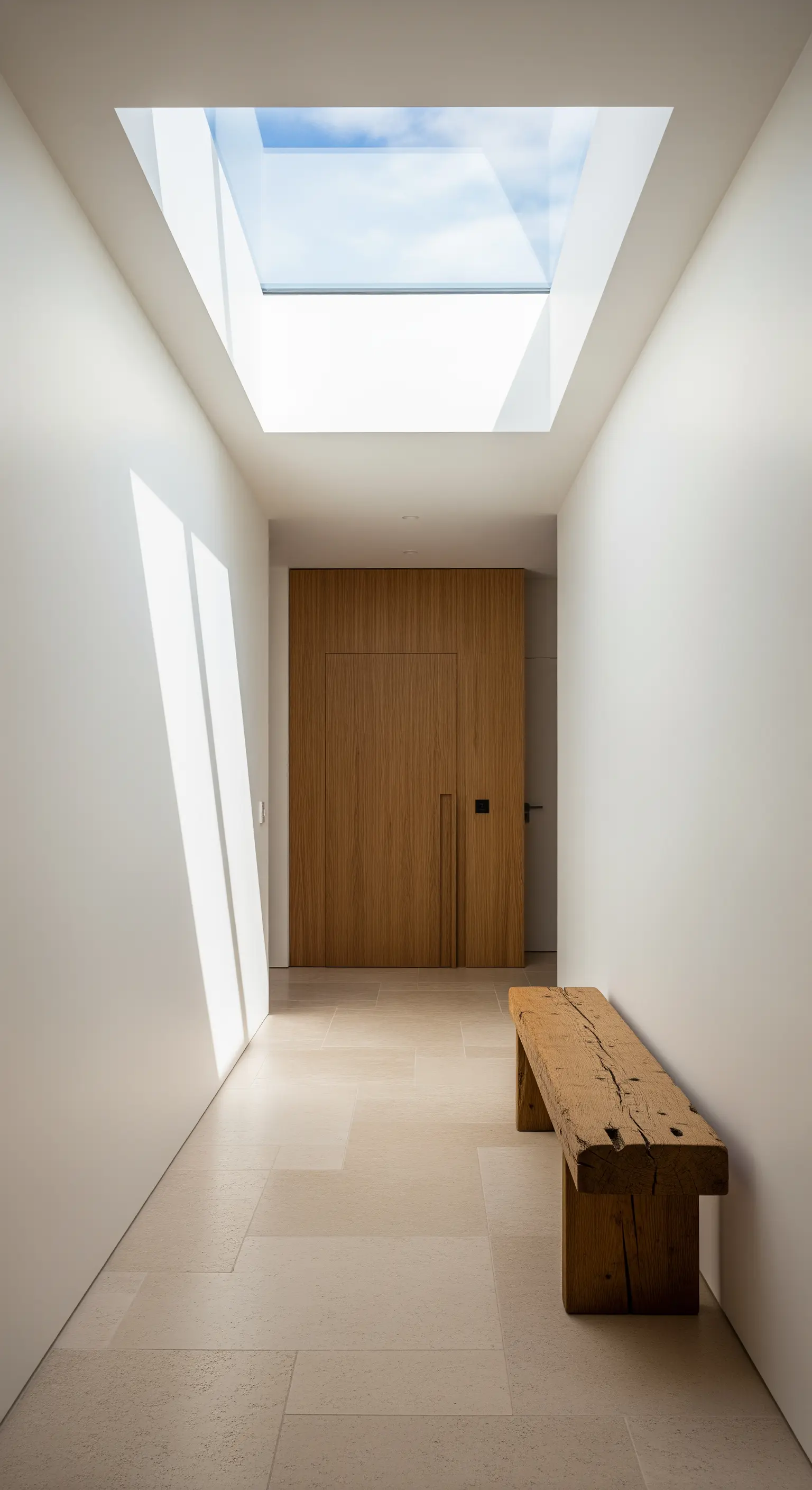 Langer, heller Flur mit einem großen Oberlicht und einer rustikalen Holzbank.