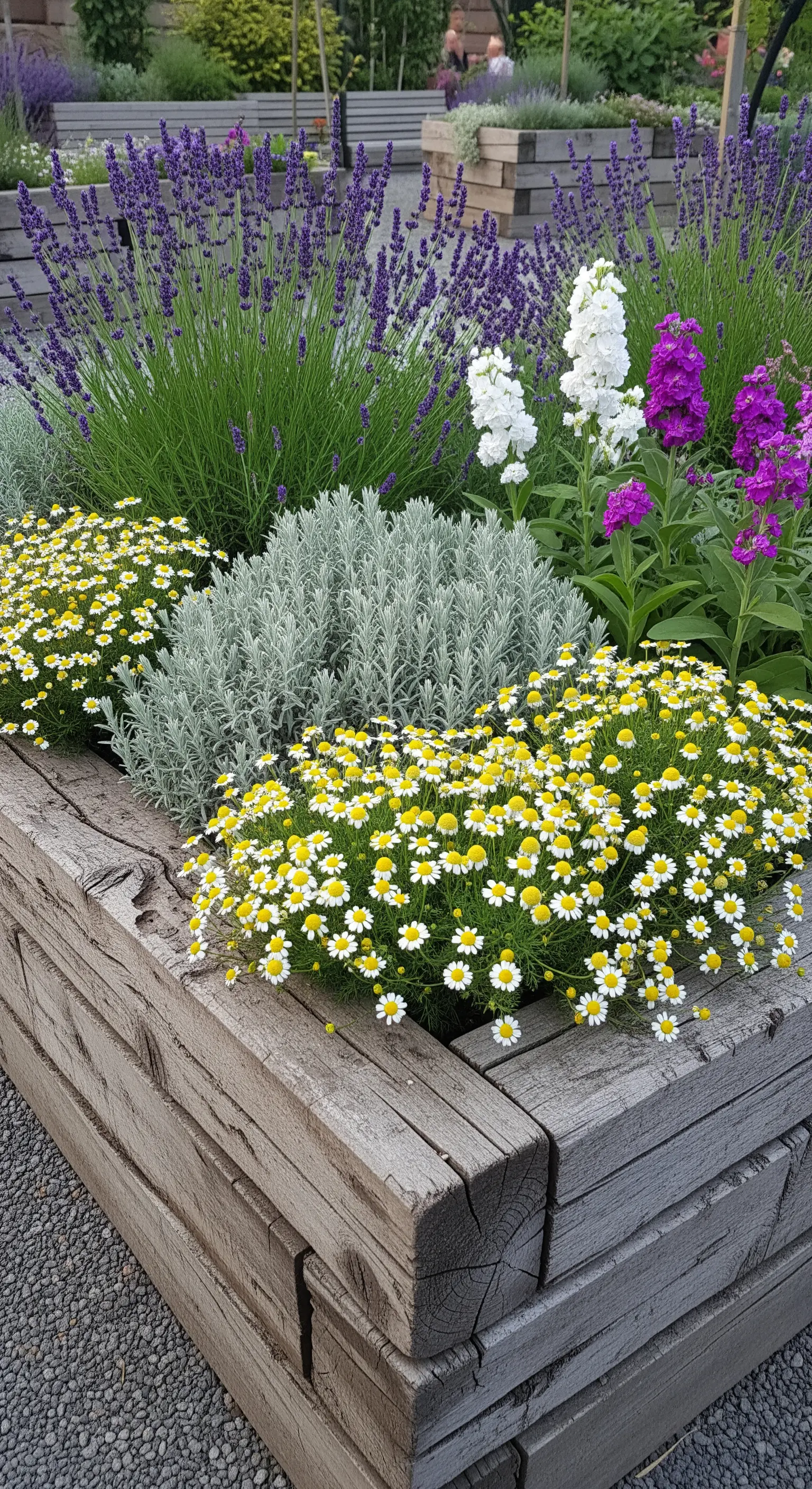 Ein rustikales Hochbeet aus Holzbalken, bepflanzt mit Lavendel, Kamille und Levkojen.