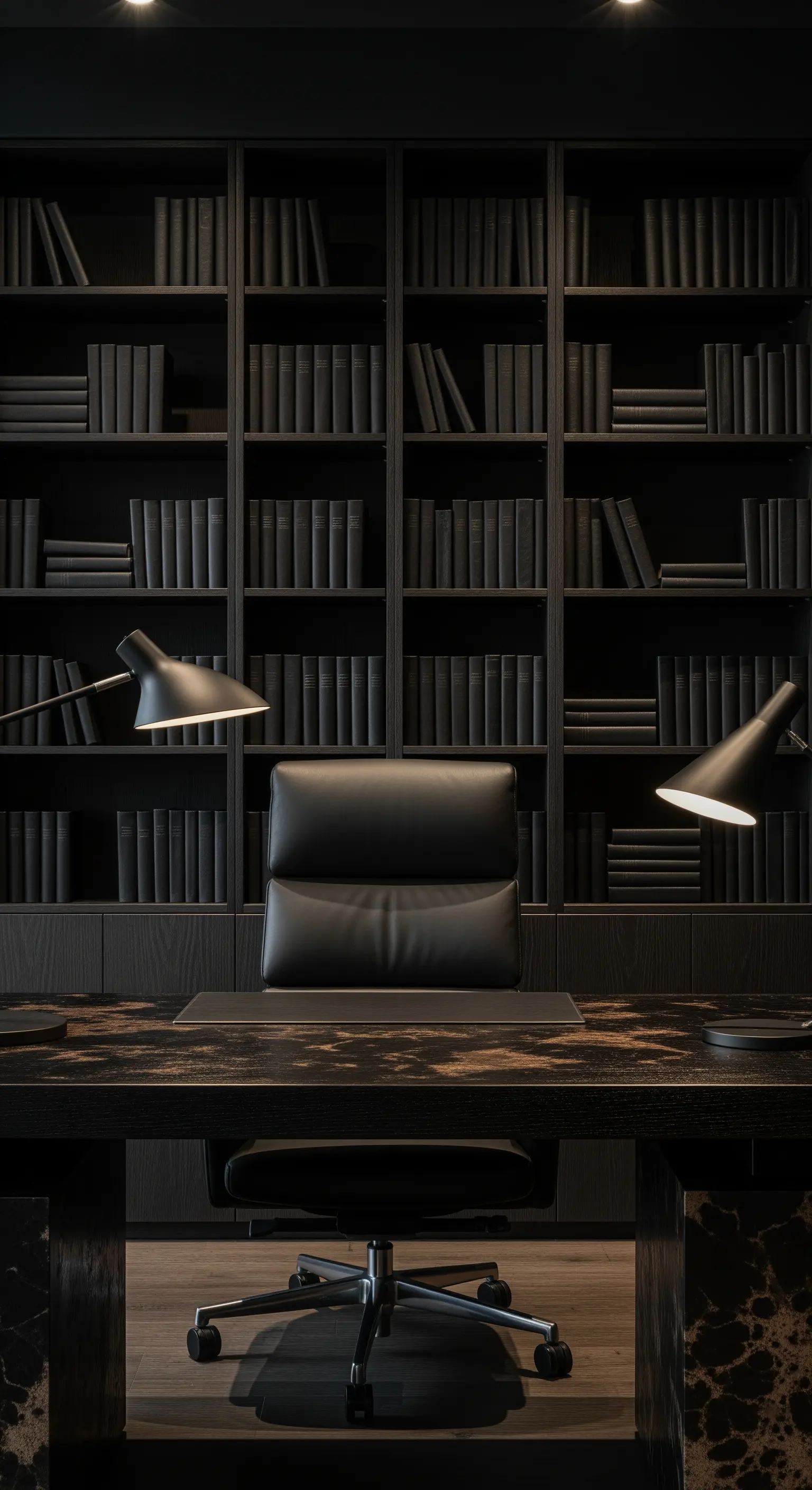 Schwarzes Homeoffice mit wandfüllendem Bücherregal und Lederstuhl