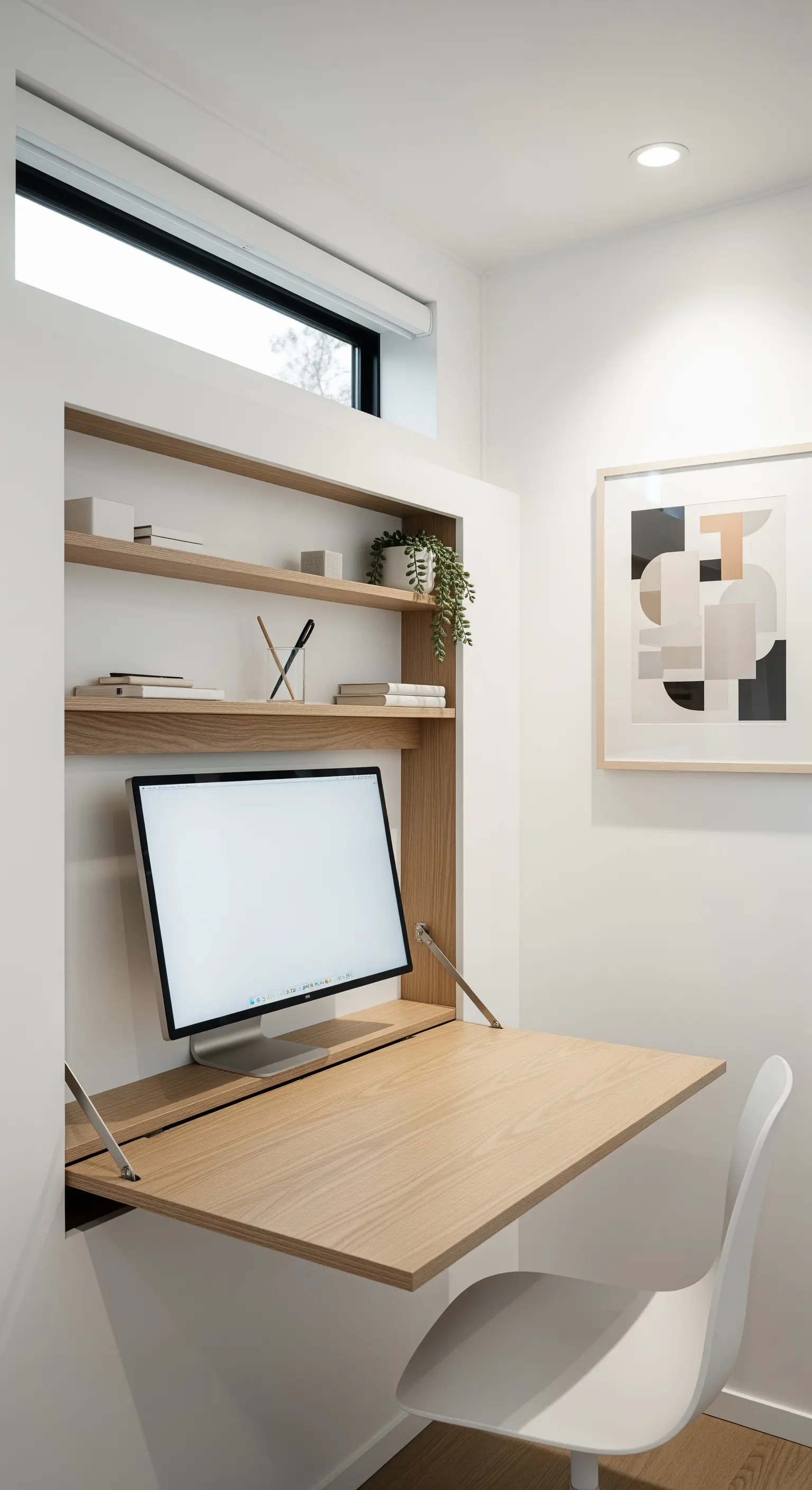 Ausklappbarer Schreibtisch in einer Wandnische für ein minimalistisches Homeoffice.