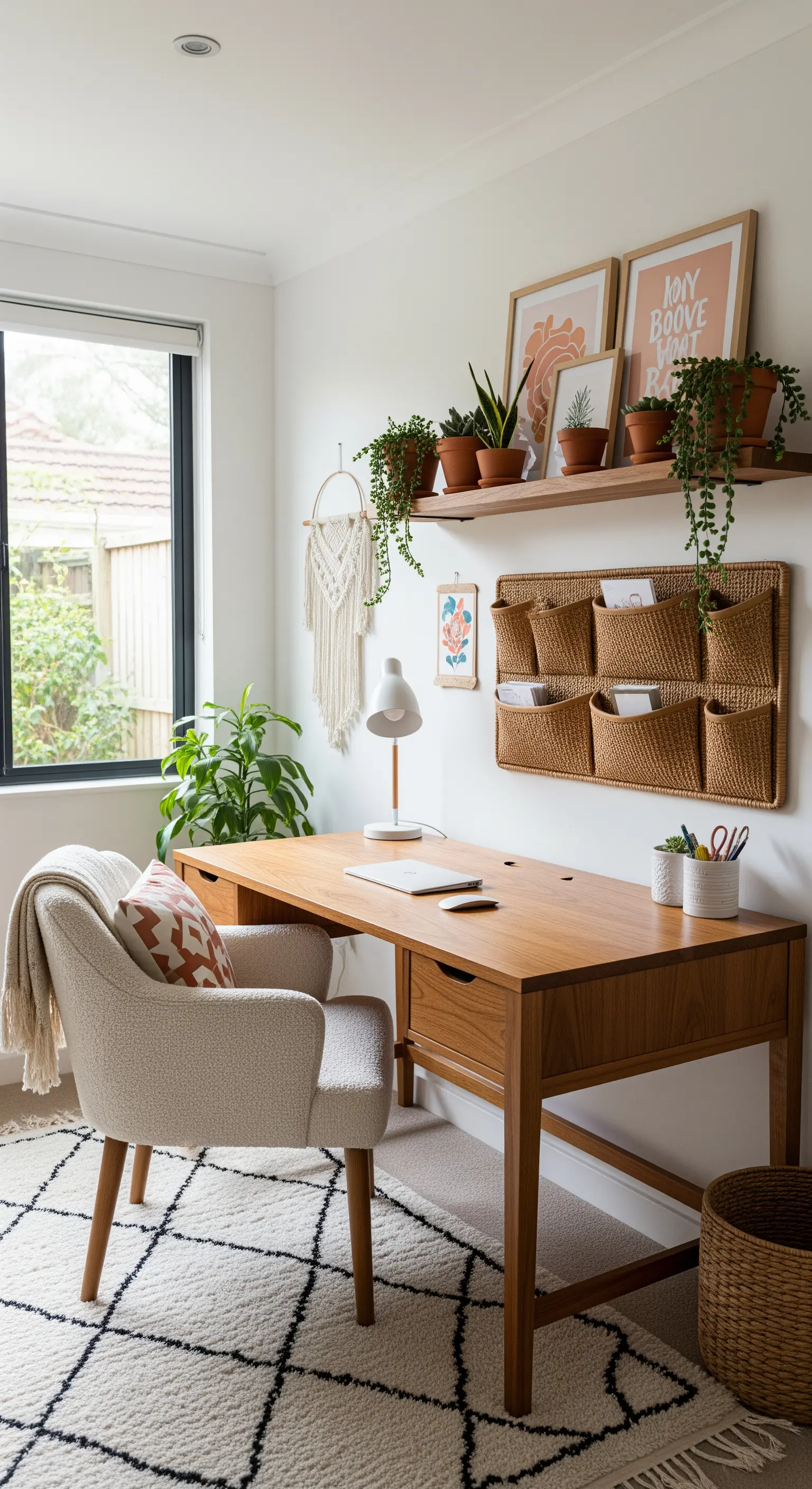 Helles Boho-Homeoffice mit Holzschreibtisch, Wand-Organizer aus Korb und vielen Pflanzen.