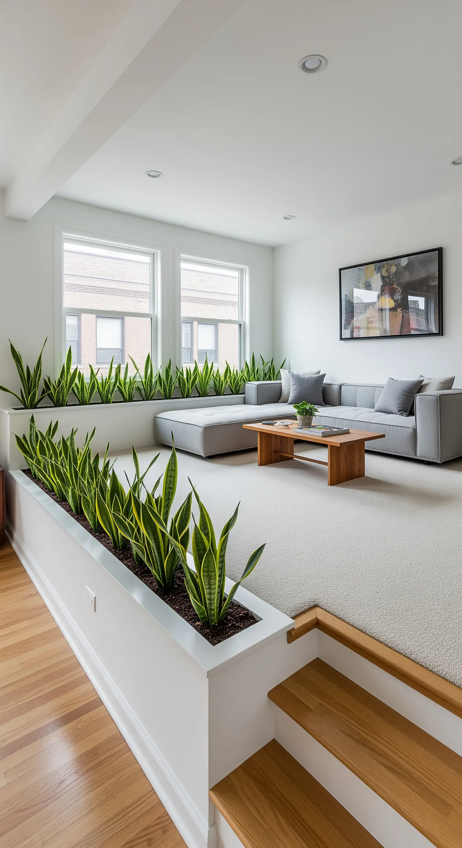 Ein langes, weißes Innenbeet trennt den abgesenkten Wohnbereich vom Rest des Raumes ab.