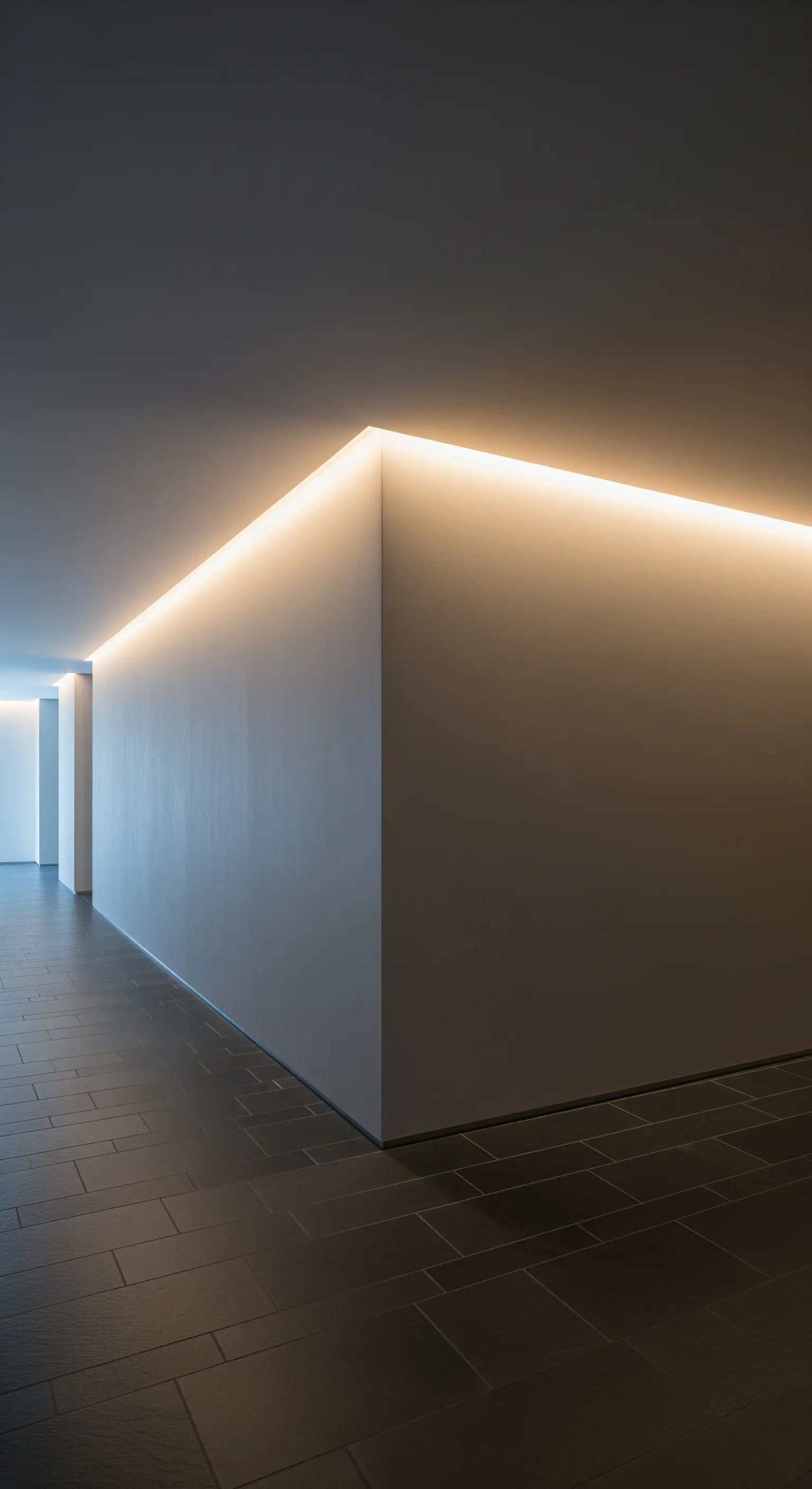 Langer Flur mit indirekter LED-Beleuchtung entlang der Deckenkante für ein warmes Licht.