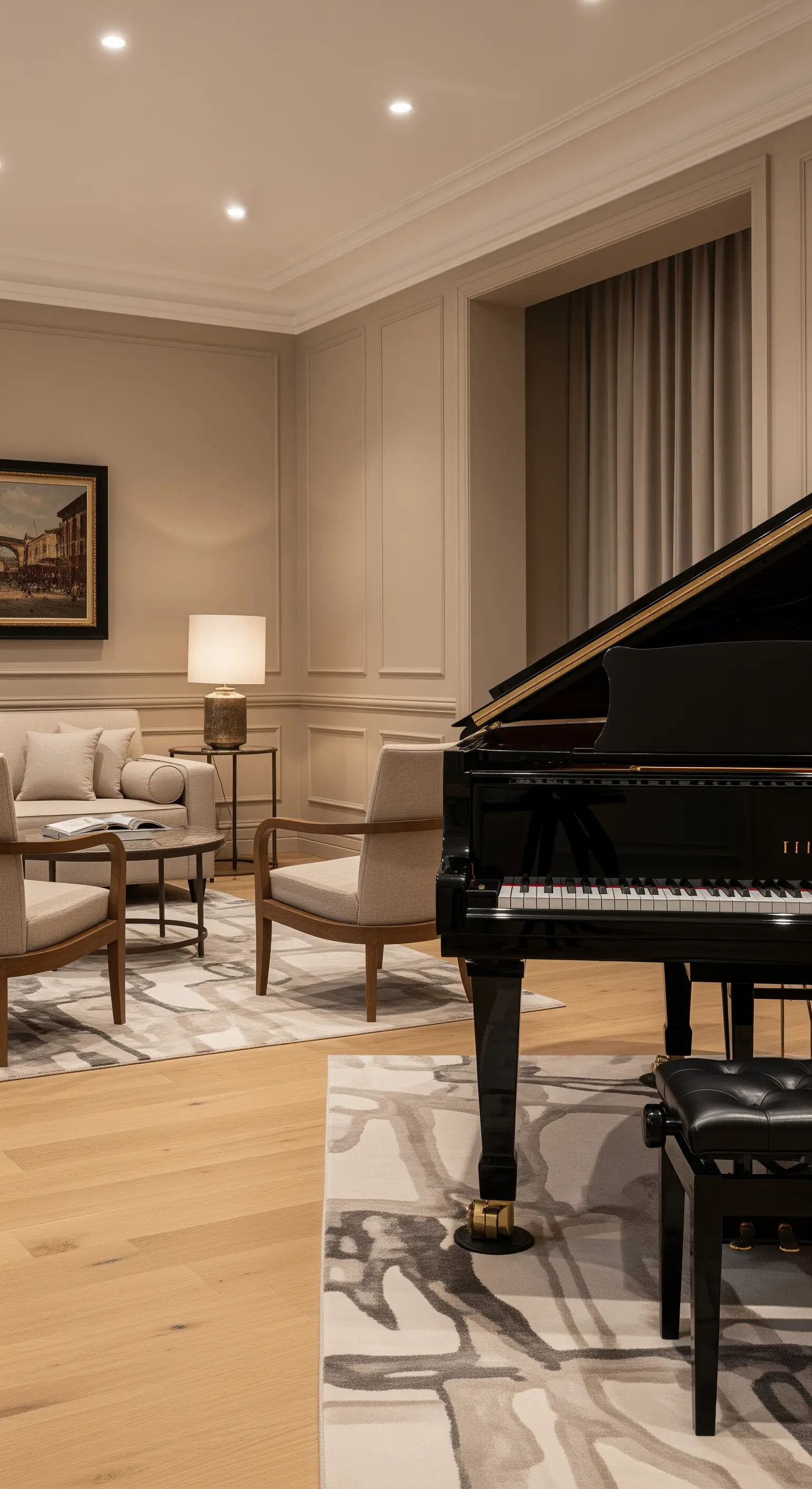 Elegantes Wohnzimmer mit einem schwarzen Flügel als zentralem Element.