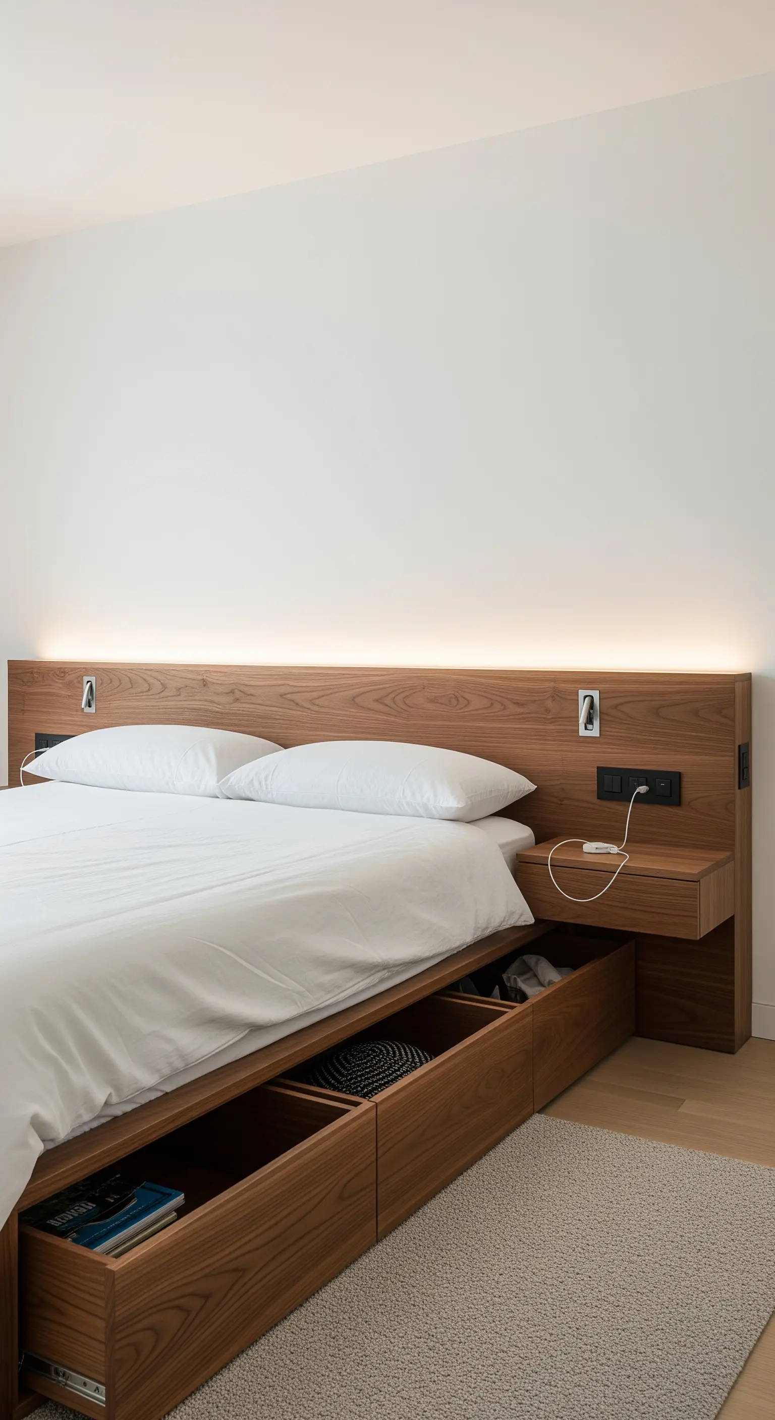 Modernes Holzbett mit integrierten Schubladen, beleuchtetem Kopfteil und eingebauten Steckdosen.