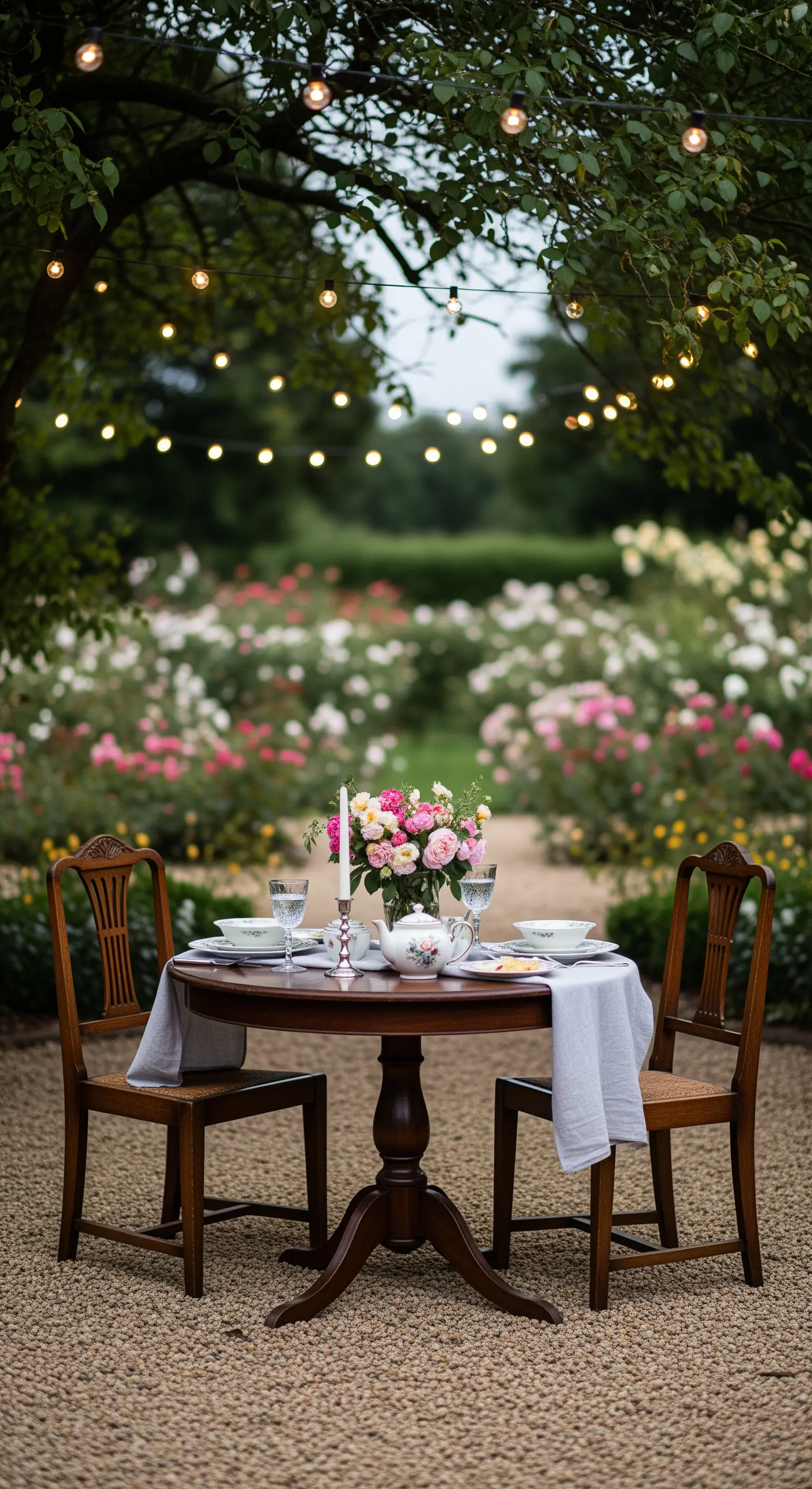 Romantisch gedeckter Tisch für zwei Personen im Garten mit Lichterketten