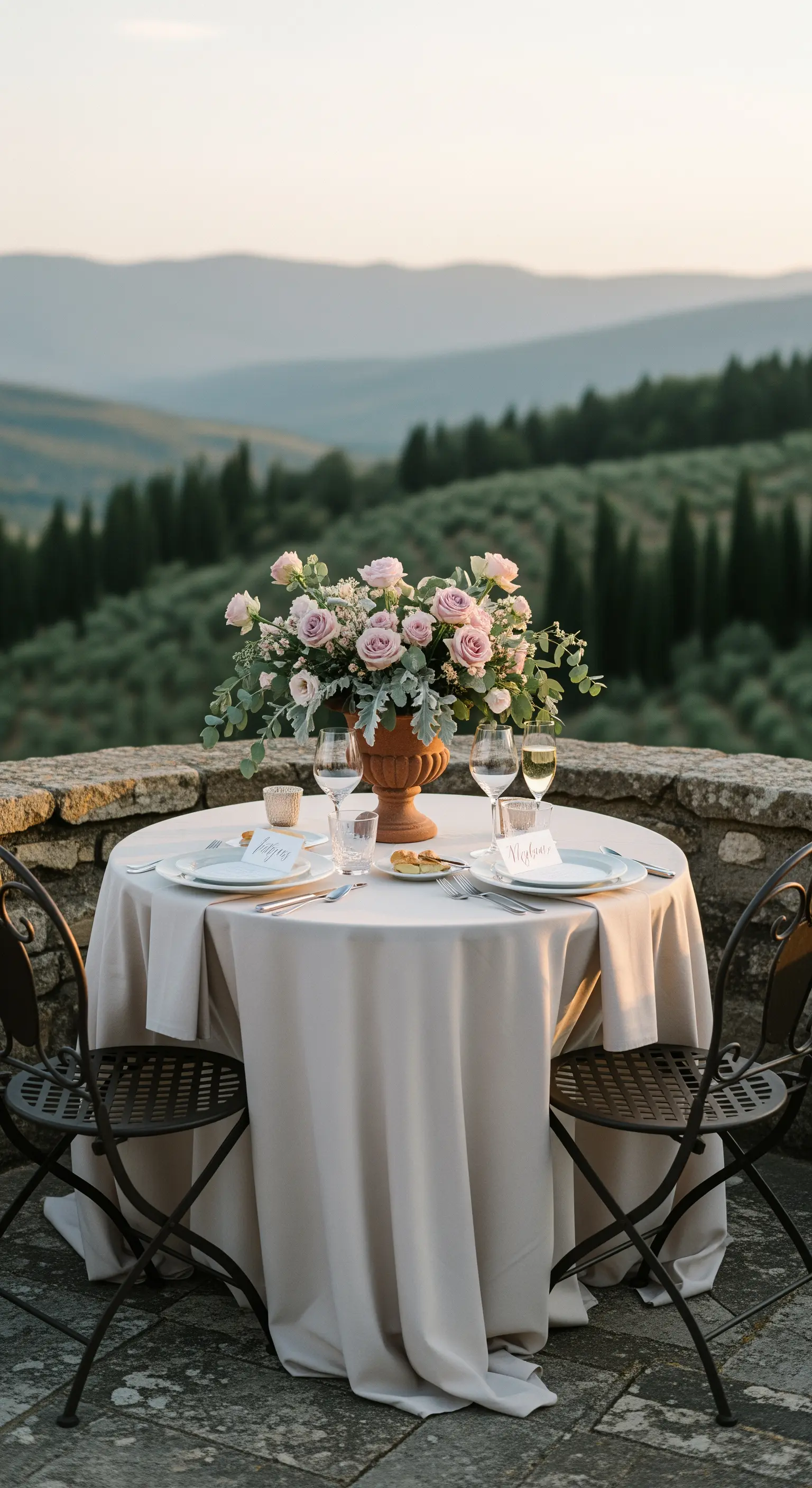 Romantisch gedeckter Tisch für zwei mit Rosen in einer Terrakotta-Vase und Blick auf die Toskana