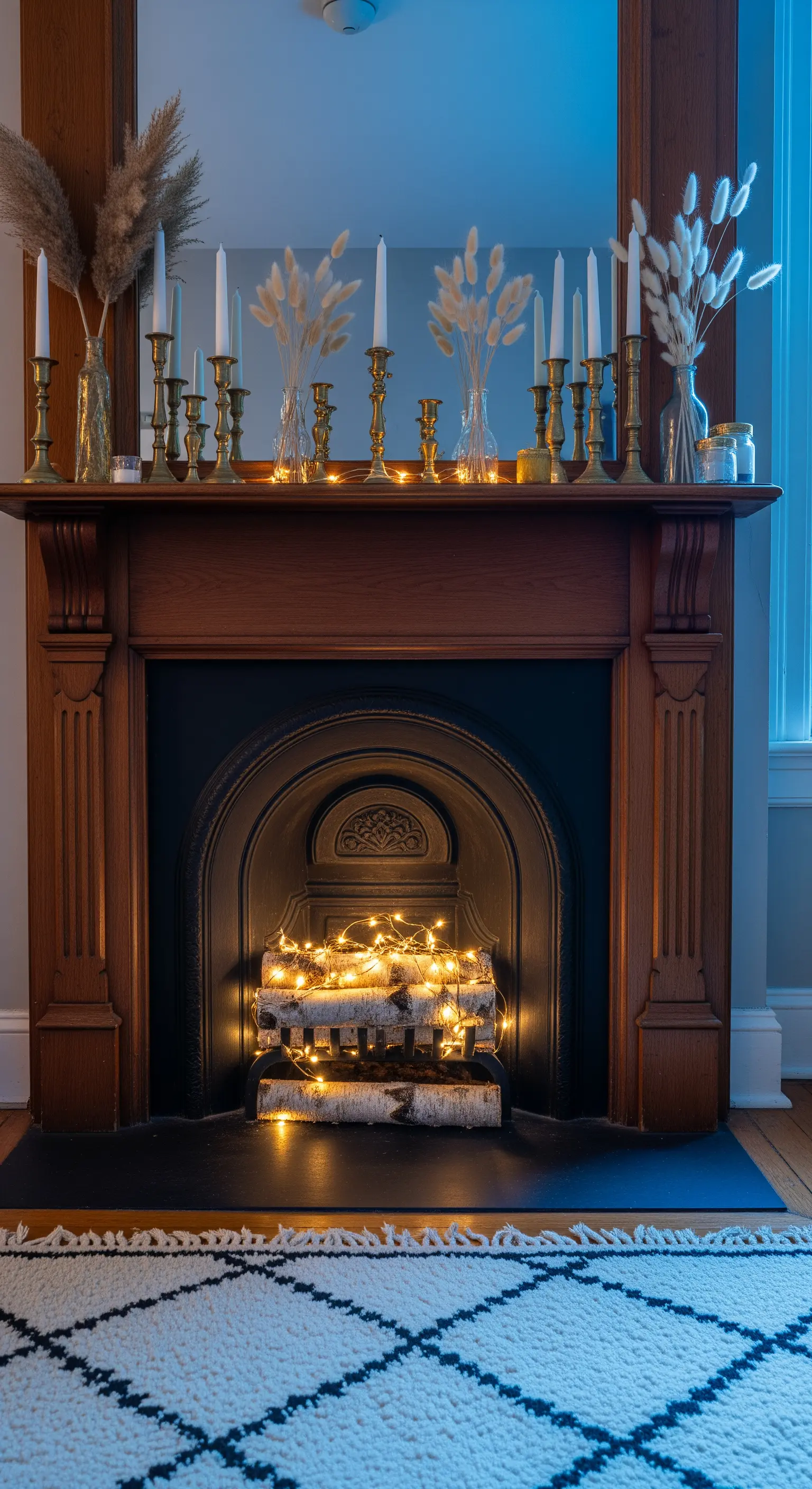 Dunkler Holzkamin mit beleuchteten Birkenholzscheiten