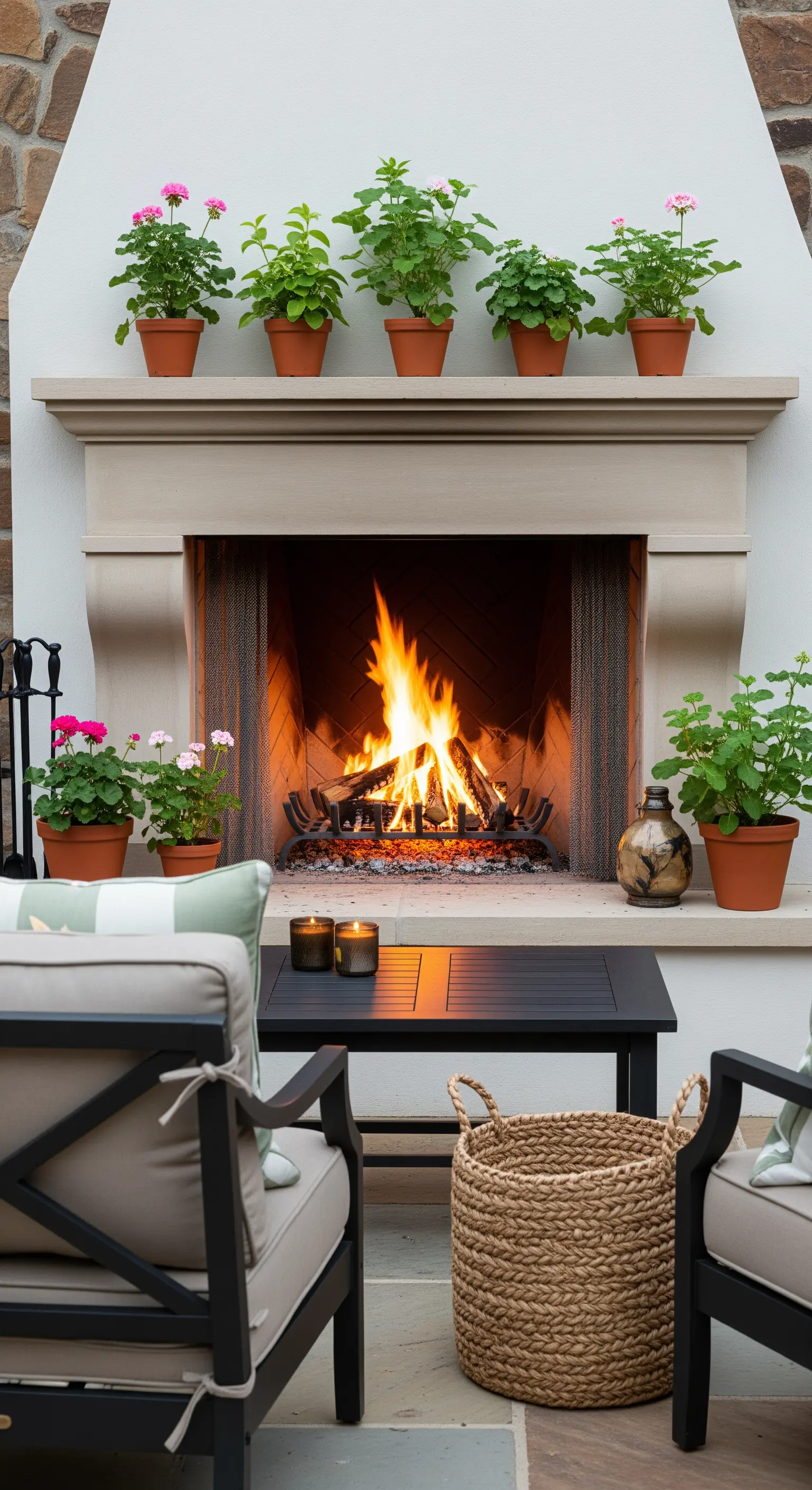 Ein Außenkamin mit loderndem Feuer, auf dessen Sims Duftgeranien in Terrakottatöpfen stehen.