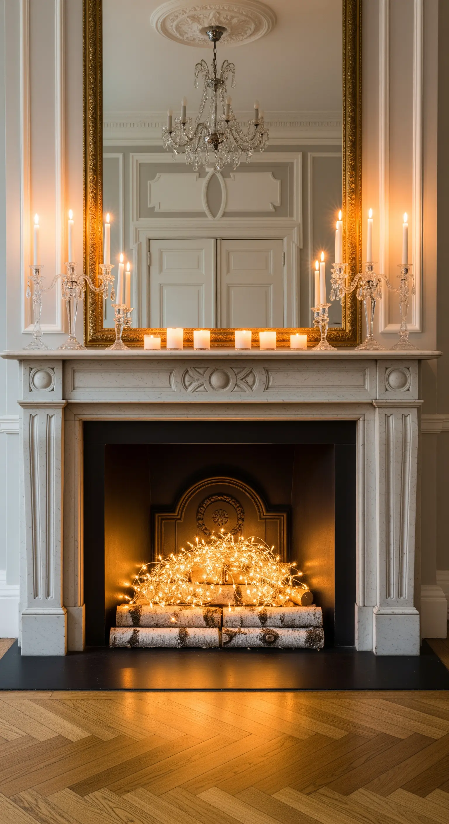 Unbenutzter Kamin gefüllt mit Birkenholz und einem Knäuel aus warmweißen Lichterketten.