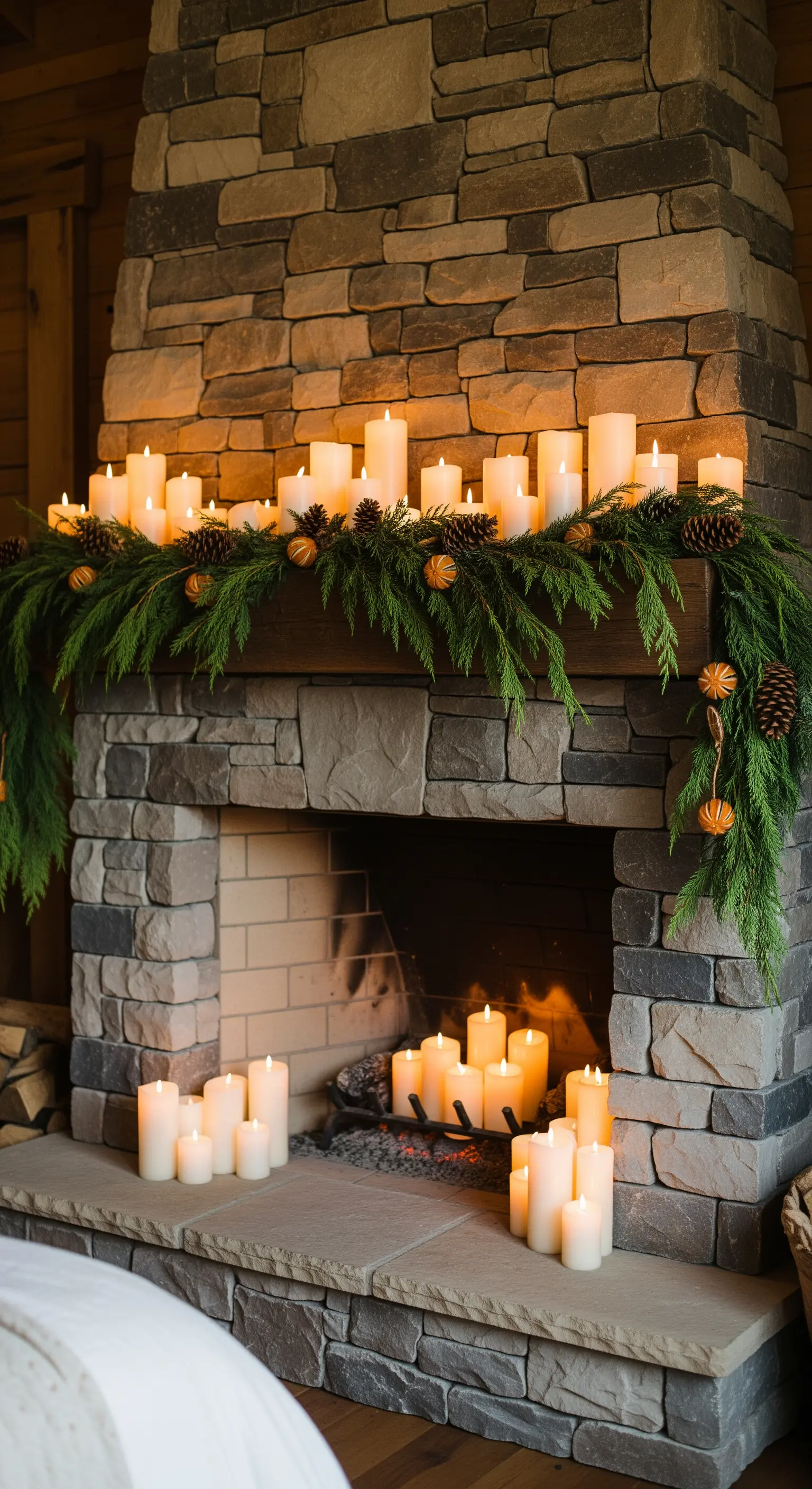 Kamin dekoriert mit einer Fülle von Kerzen und einer üppigen Tannengirlande.
