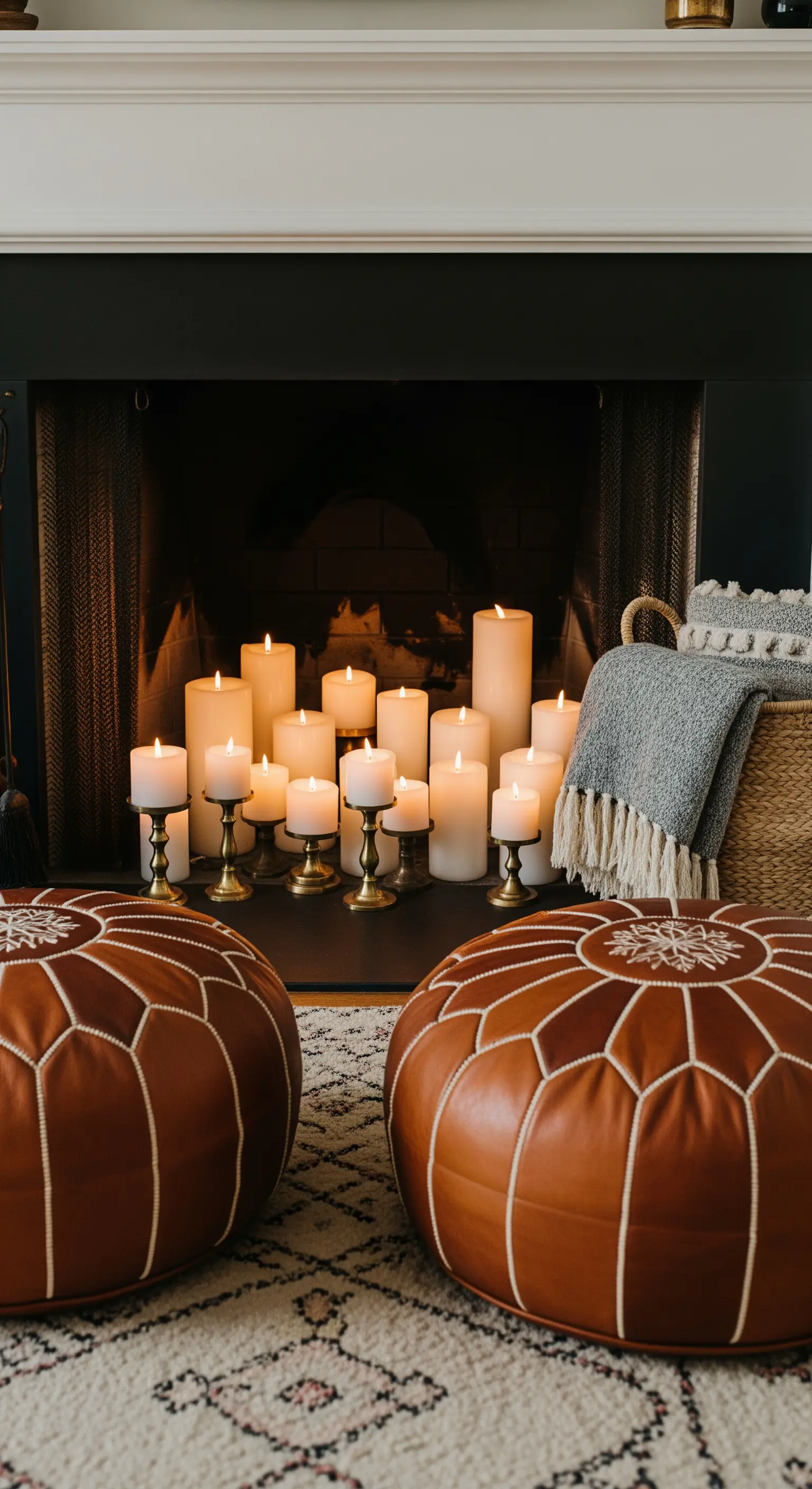 Ein ungenutzter Kamin, gefüllt mit einer Gruppe von weißen Blockkerzen.