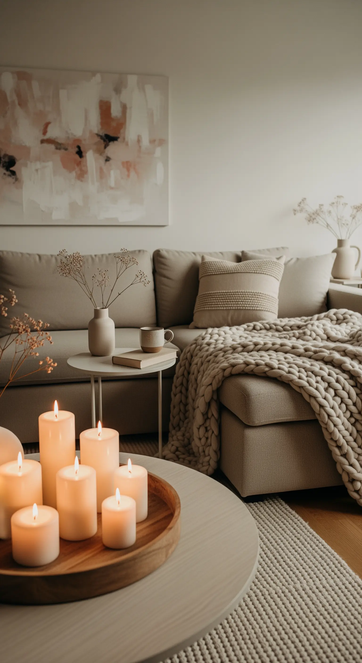 Eine Gruppe von weißen Blockkerzen auf einem Holztablett auf einem Couchtisch.