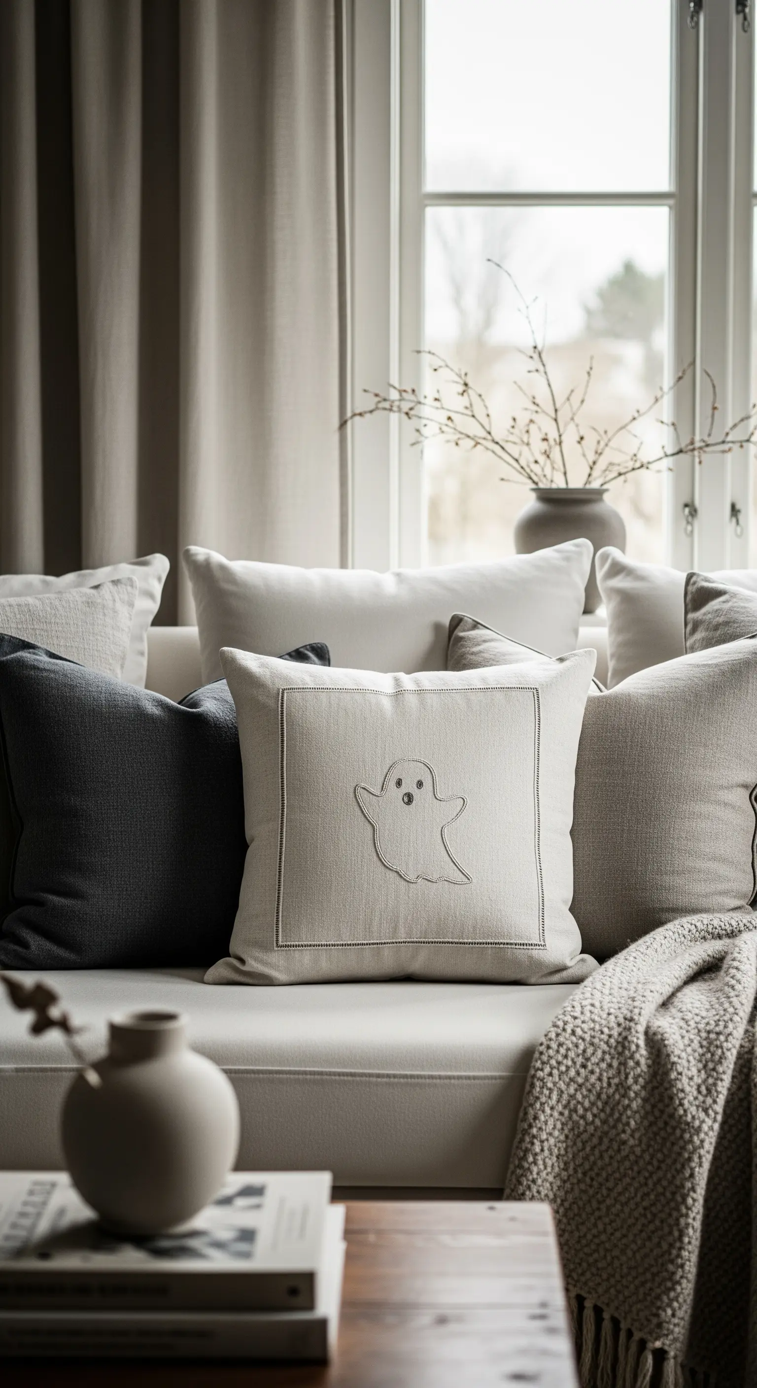 Sofa mit Leinenkissen, eines davon mit gesticktem Geist-Motiv