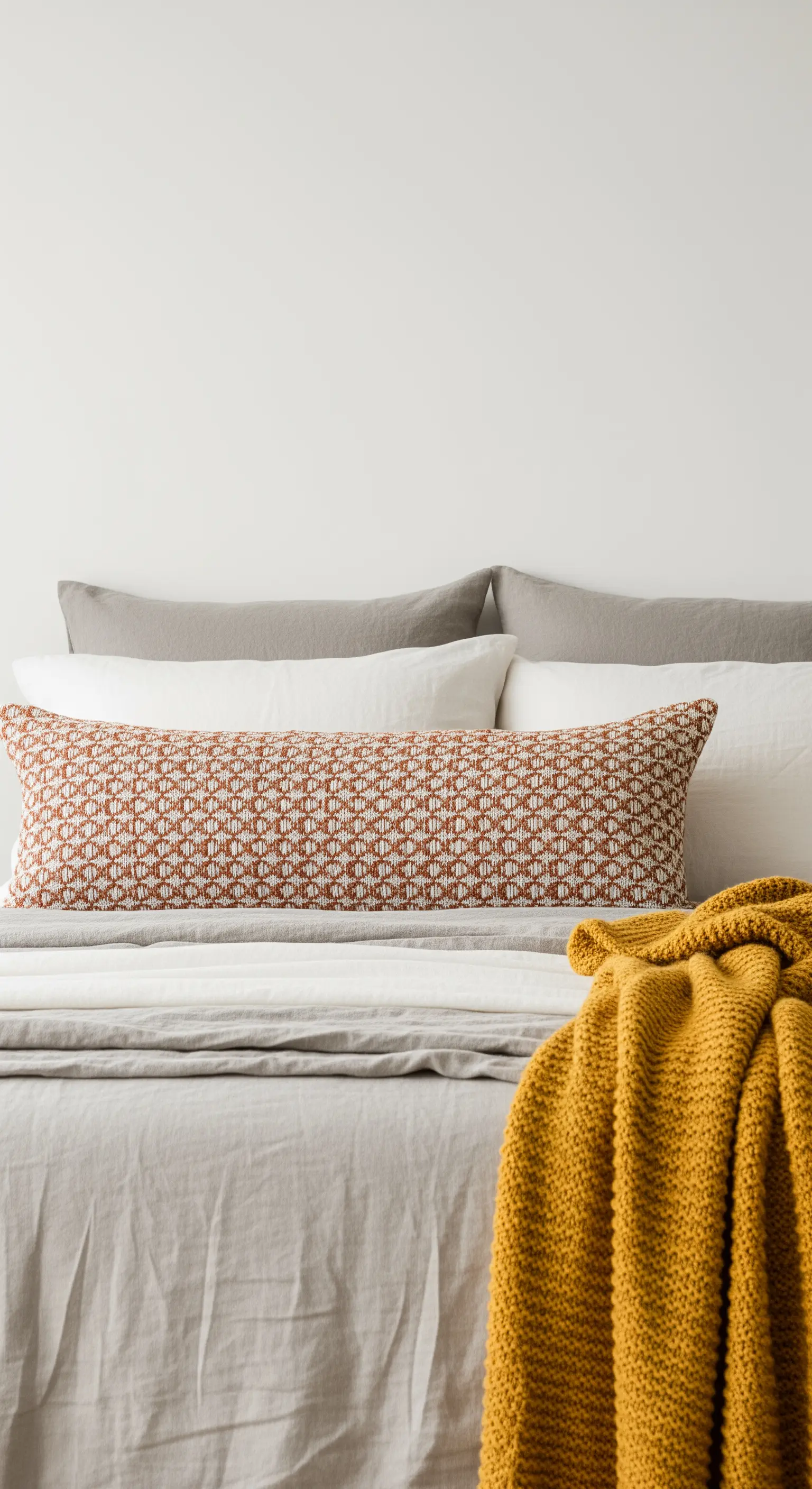 Bett mit einem langen, gemusterten Lendenkissen und einer senfgelben Strickdecke