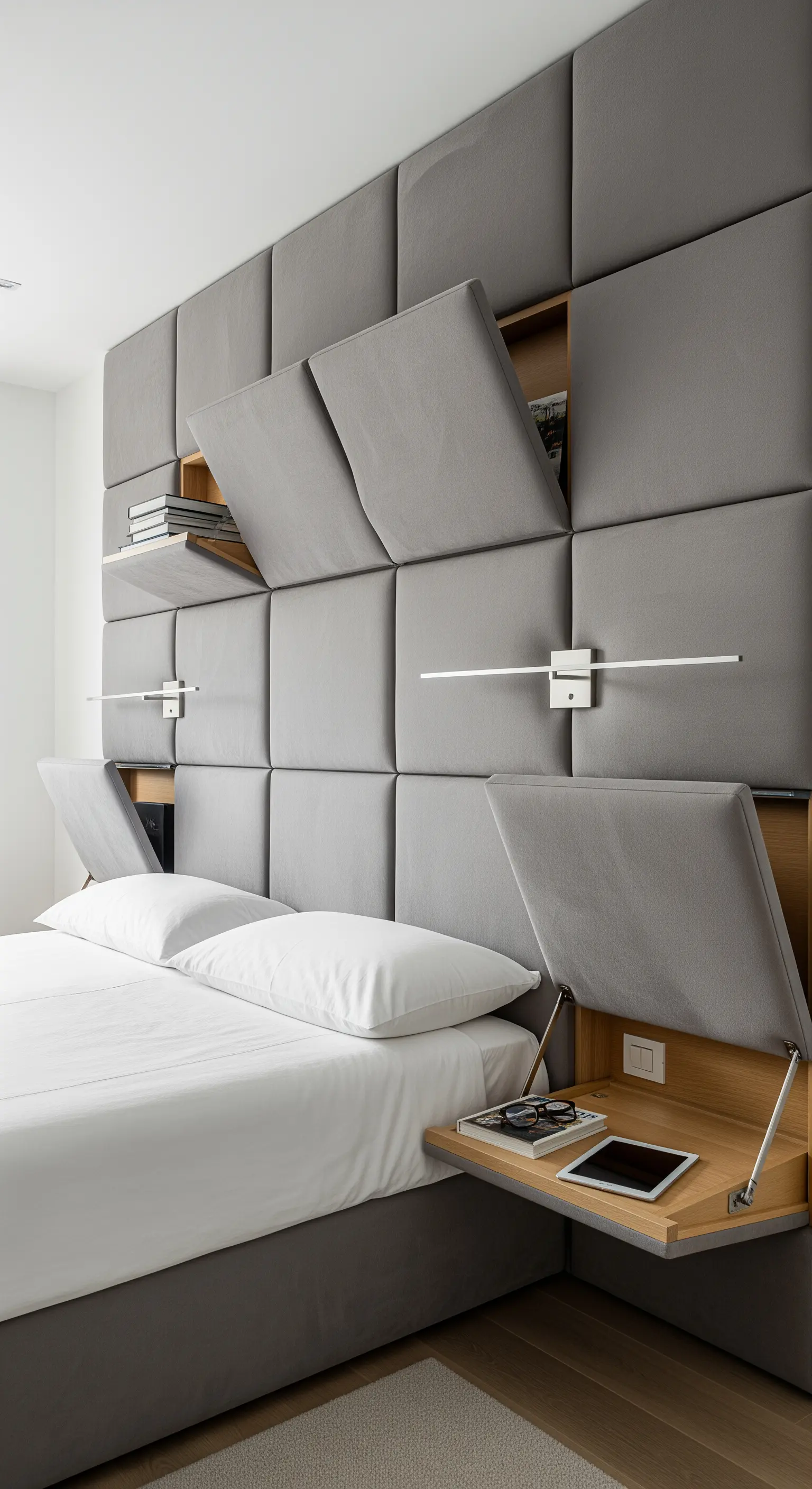 Graues Polster-Kopfteil, bei dem Paneele zu Nachttischen und Regalen aufklappen.