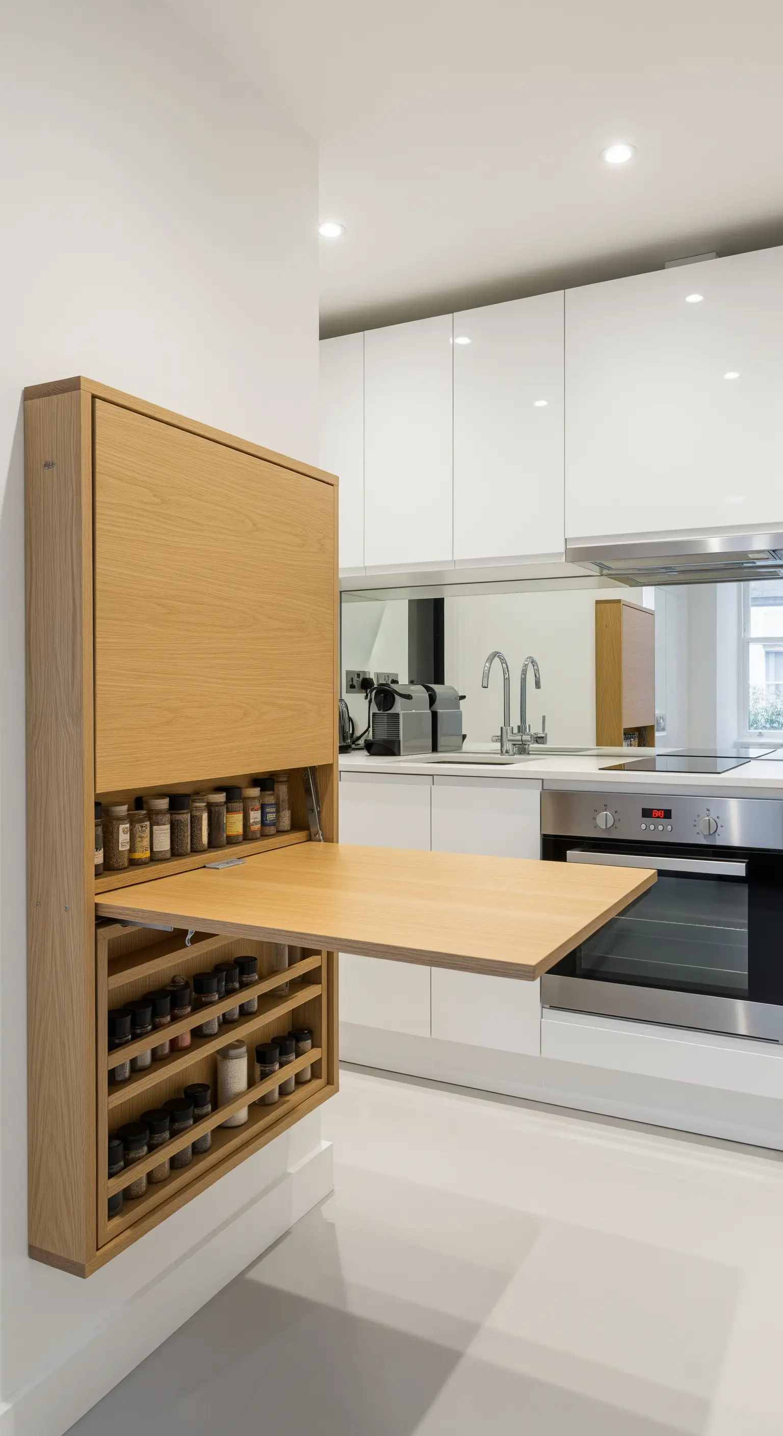 Wandmontierter, klappbarer Gewürzschrank aus Holz, der als kleiner Tisch dient.