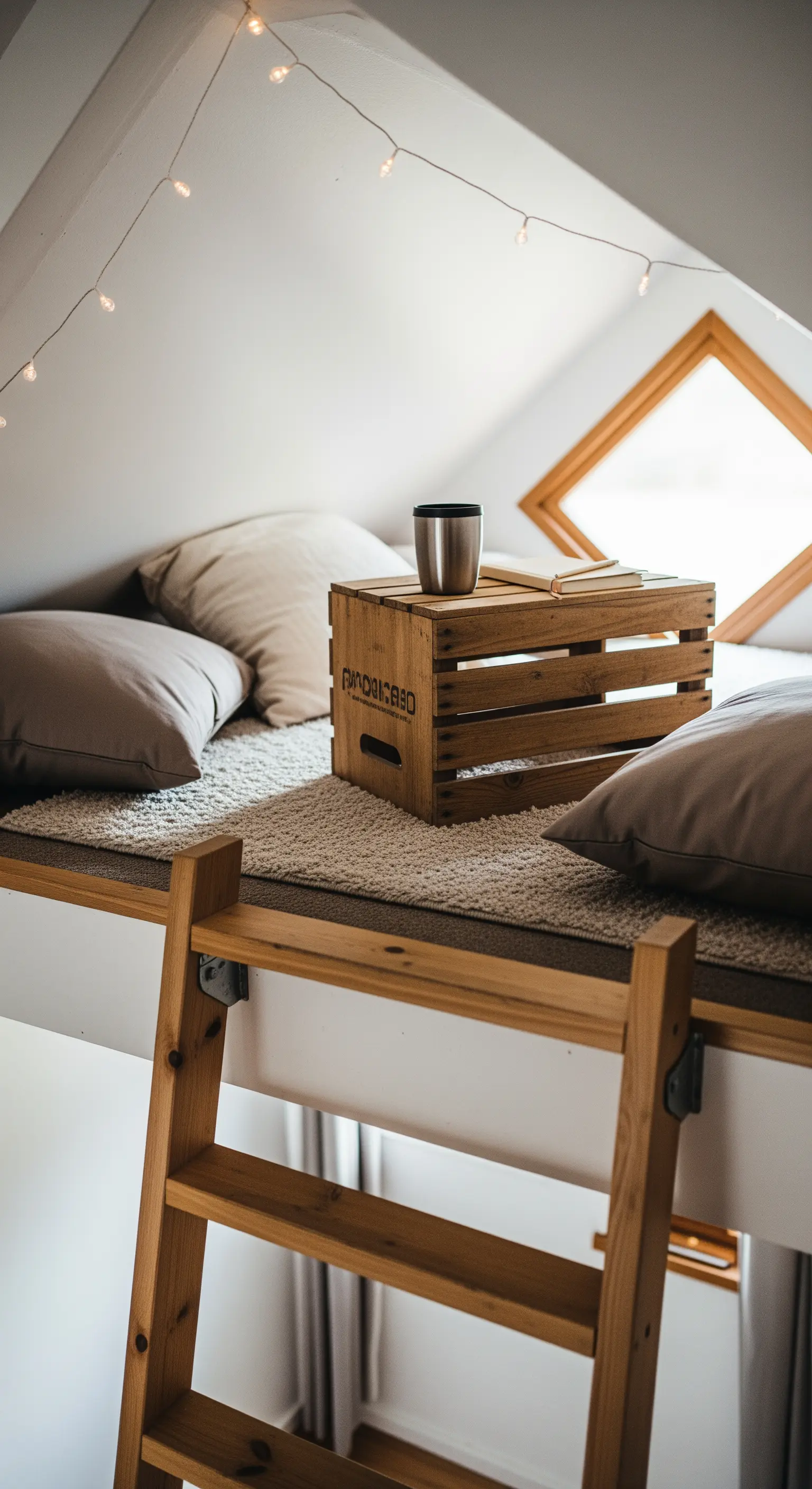 Gemütliche Nische auf einem Hochbett mit Lichterketten und einer Holzkiste als Tisch.