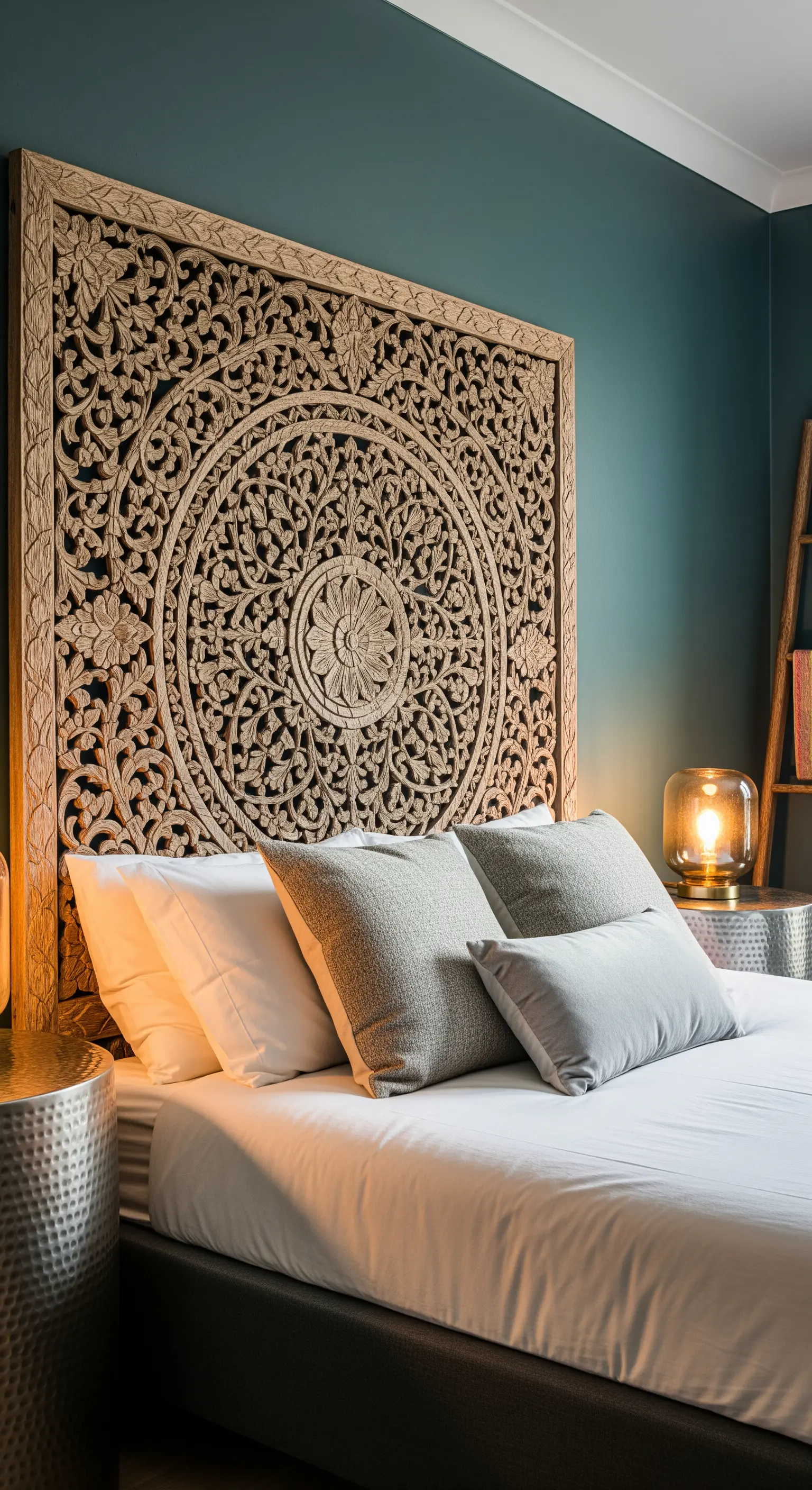 Schlafzimmer mit einem großen, geschnitzten Holzkopfteil an einer dunklen, petrolfarbenen Wand.