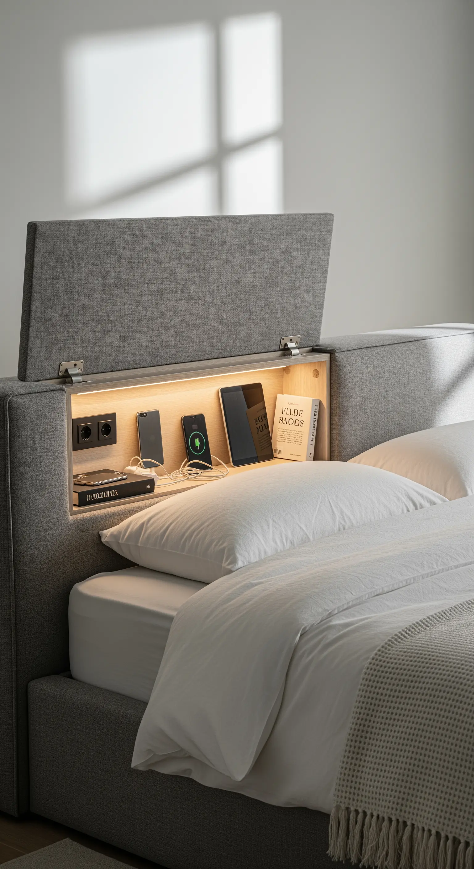 Gepolstertes Bettkopfteil mit aufklappbarem Fach für Bücher und Ladestationen.