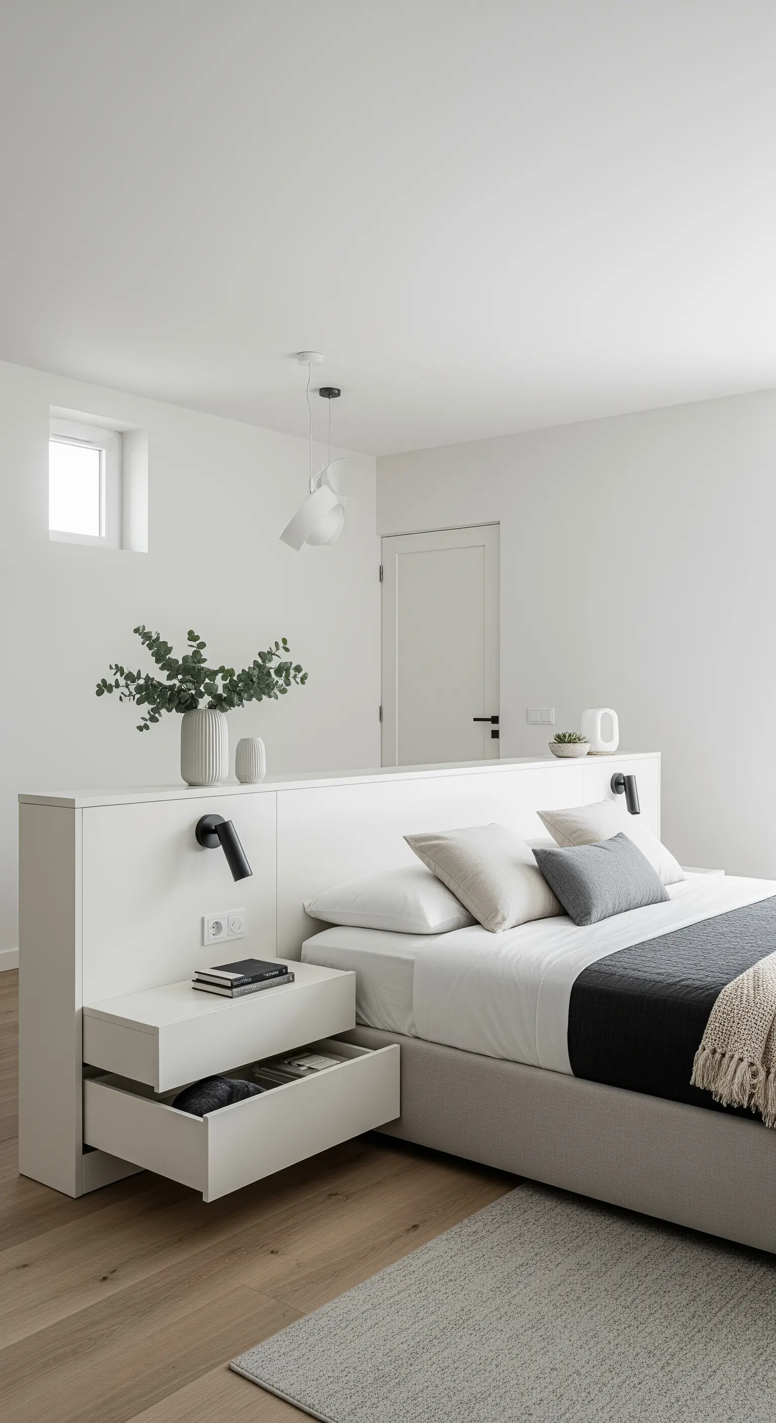 Weißes, freistehendes Kopfteil mit integrierten ausziehbaren Nachttisch-Schubladen.