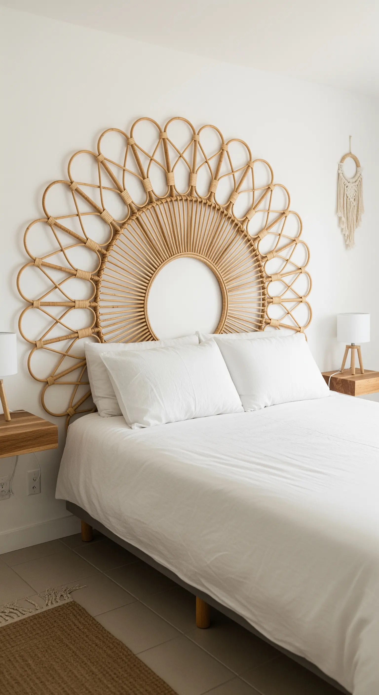 Bett mit großem, sonnenförmigem Rattan-Kopfteil in einem hellen Schlafzimmer.