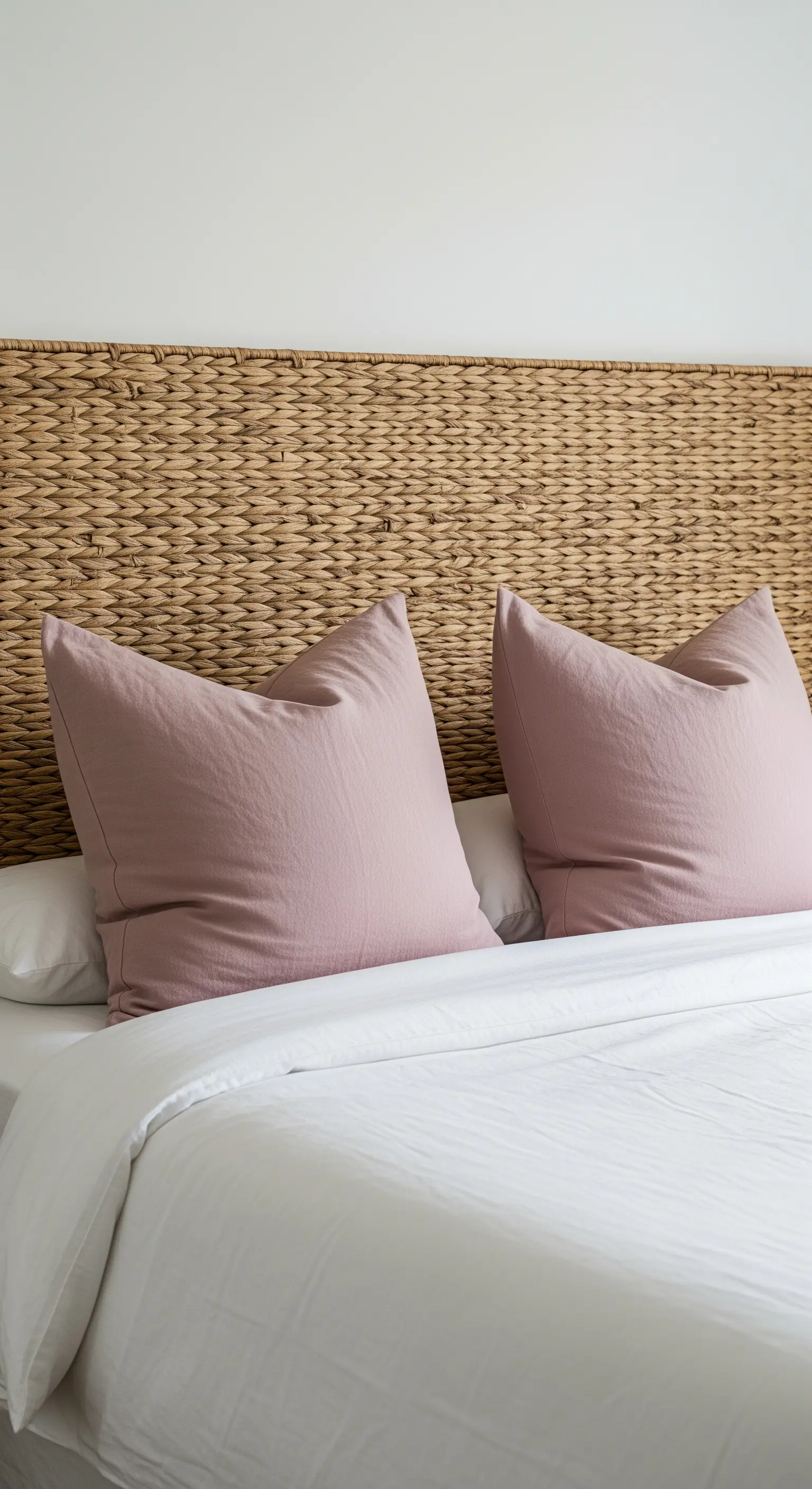 Bett mit einem geflochtenen Kopfteil aus Wasserhyazinthe und altrosa Kissen.