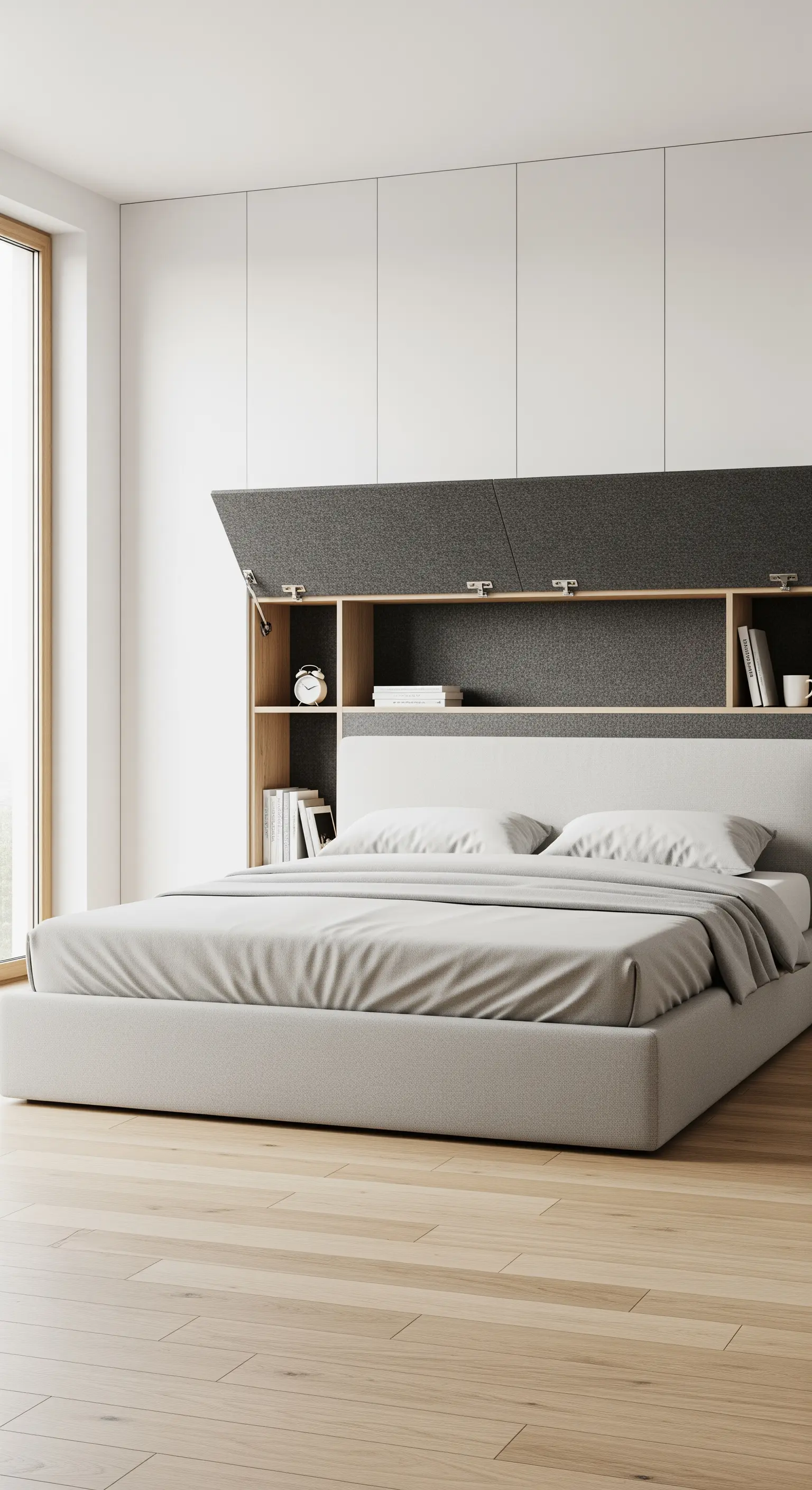 Bett mit einem Kopfteil, das nach oben klappbare Fächer für Bücher und persönliche Gegenstände hat.