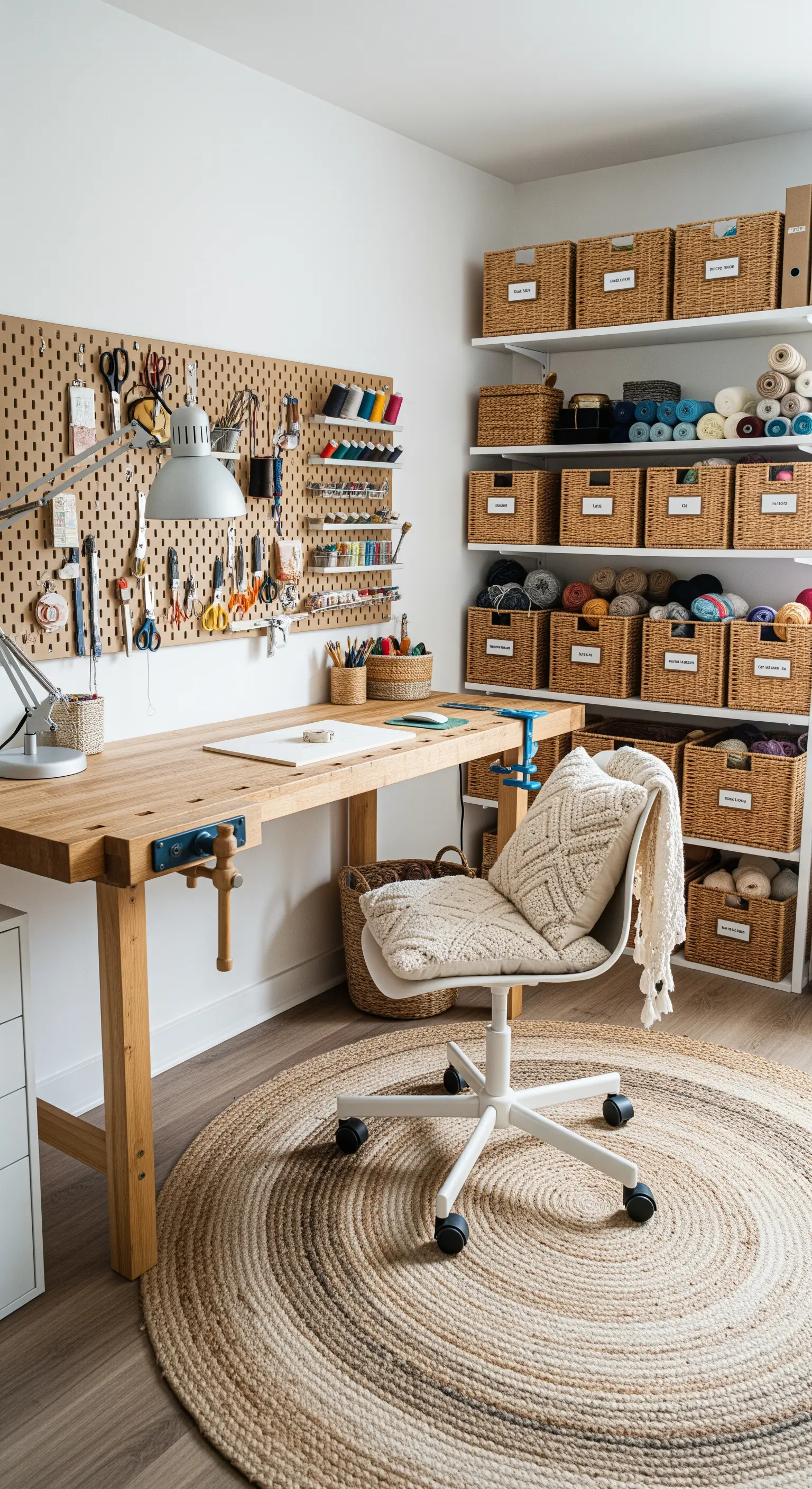 Kreatives Homeoffice mit großem Steckbrett für Werkzeuge und Regalen mit Bastelkörben.