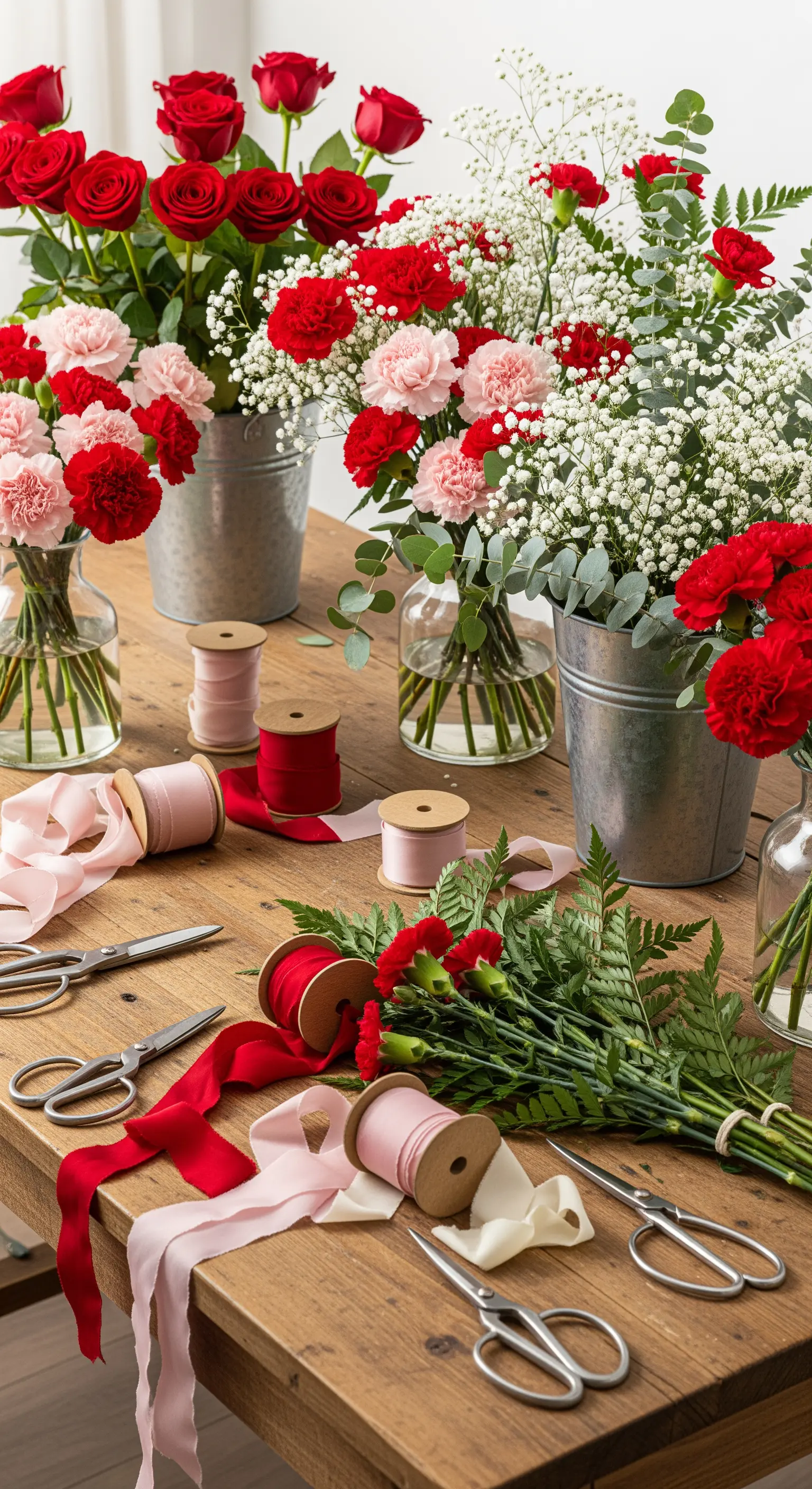Ein Holztisch mit verschiedenen roten und rosa Blumen, Bändern und Scheren zum Binden.
