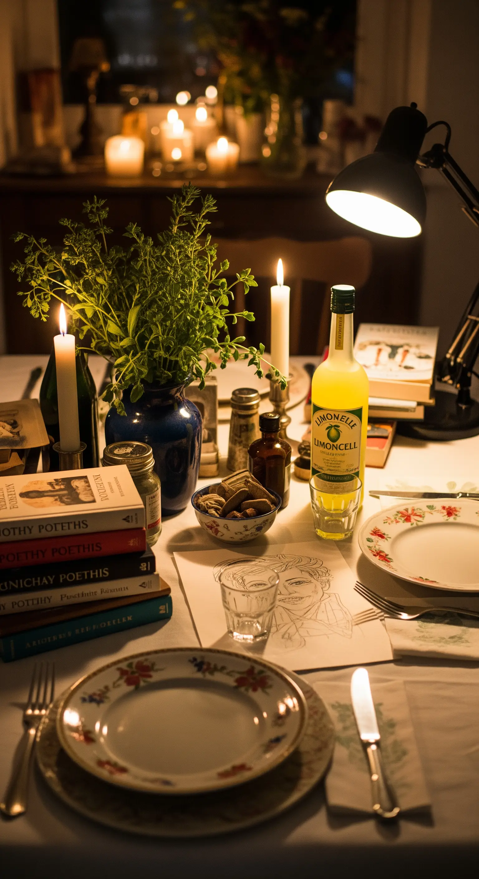 Künstlerisch-unordentlicher Tisch bei Nacht mit Büchern, Kräutern und Limoncello.