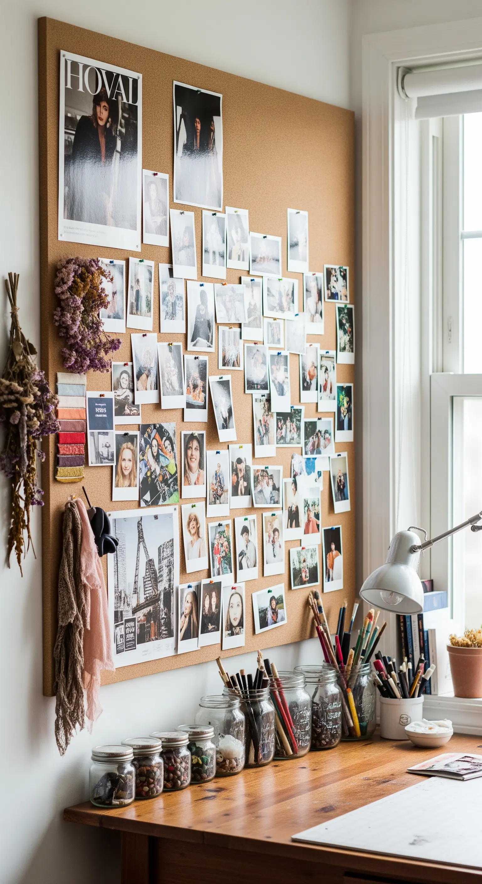 Große Kork-Pinnwand über einem Schreibtisch, gefüllt mit Fotos, Ausschnitten und getrockneten Blumen.